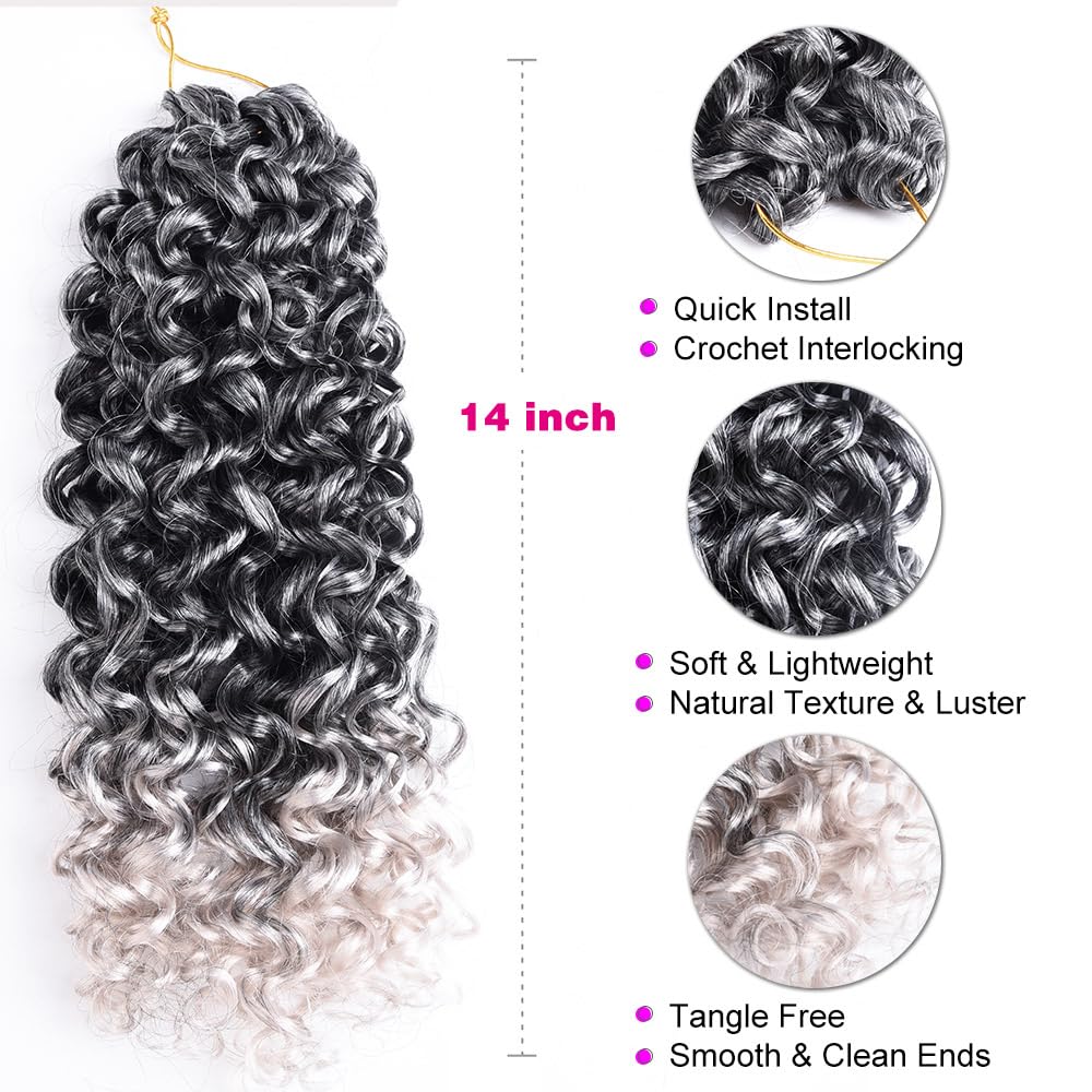 Silke Grey Curly Gogo Curl Ocean Wave Crochet Braids Hair 6 Pack Water Wave Hair Extensions For Women (14inch,Tgrey)