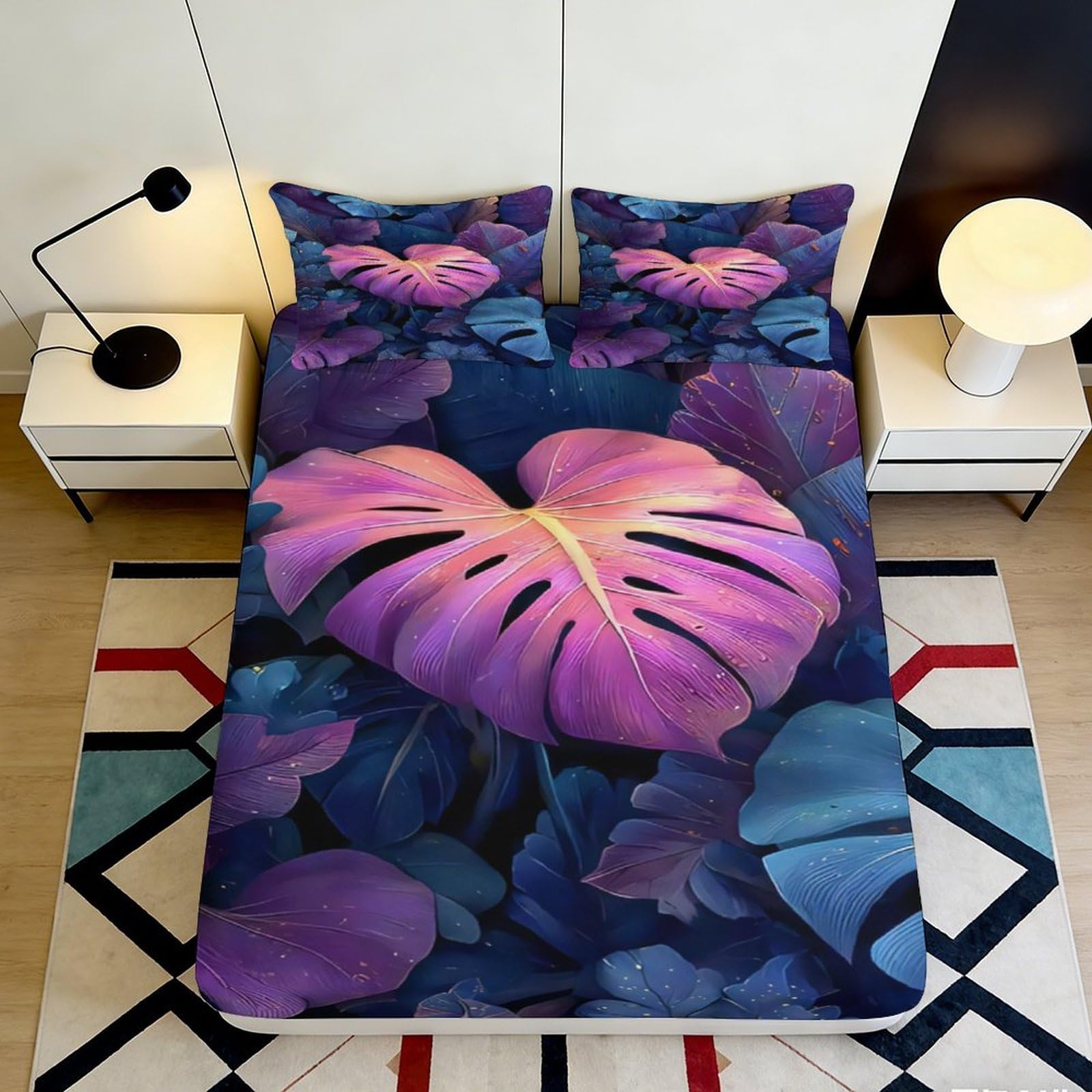 3D Printed Tropical Leaf Fitted Sheet Microfiber Purple Blue Artistic Jungle Mattress Cover for Bedroom Dorm Decor 140x200x25cm