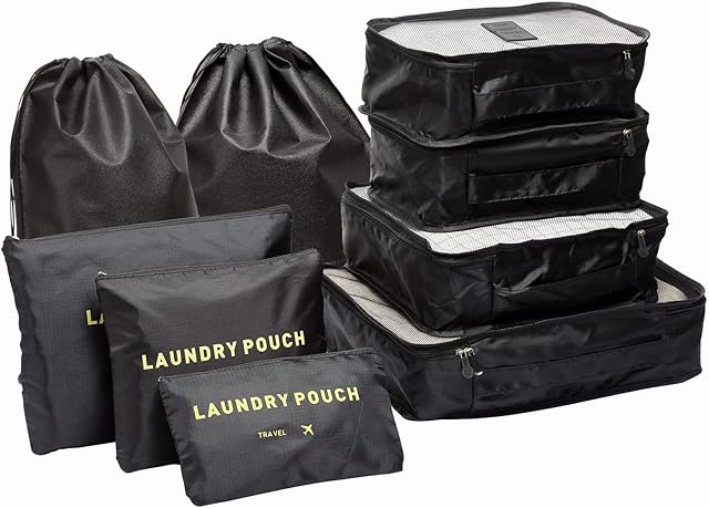 Packing Cubes Set for Travel Suitcases, 9 pcs Travel Organiser Packing Bags for Clothes Shoes Toiletries Travel Luggage Organizers Storage Bags (Black)