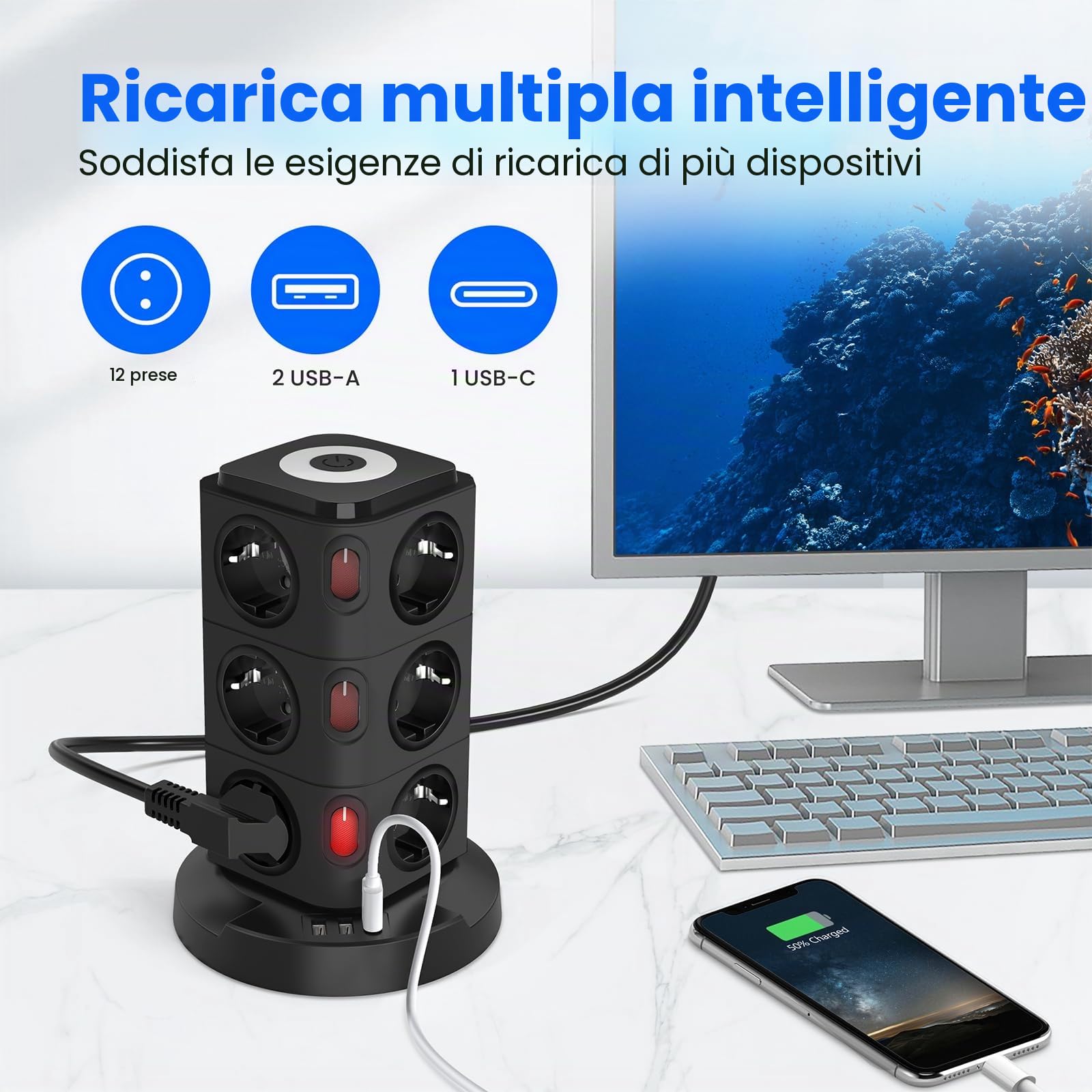 Ciabatta Elettrica Multipresa con 12 Prese, Torretta Multipresa Verticale da Scrivania, 2 USB A, 1 USB C Protezione Sovratensione con 4 Interruttori Indipendenti, Presa Multipla Cavo di Prolunga da 5M