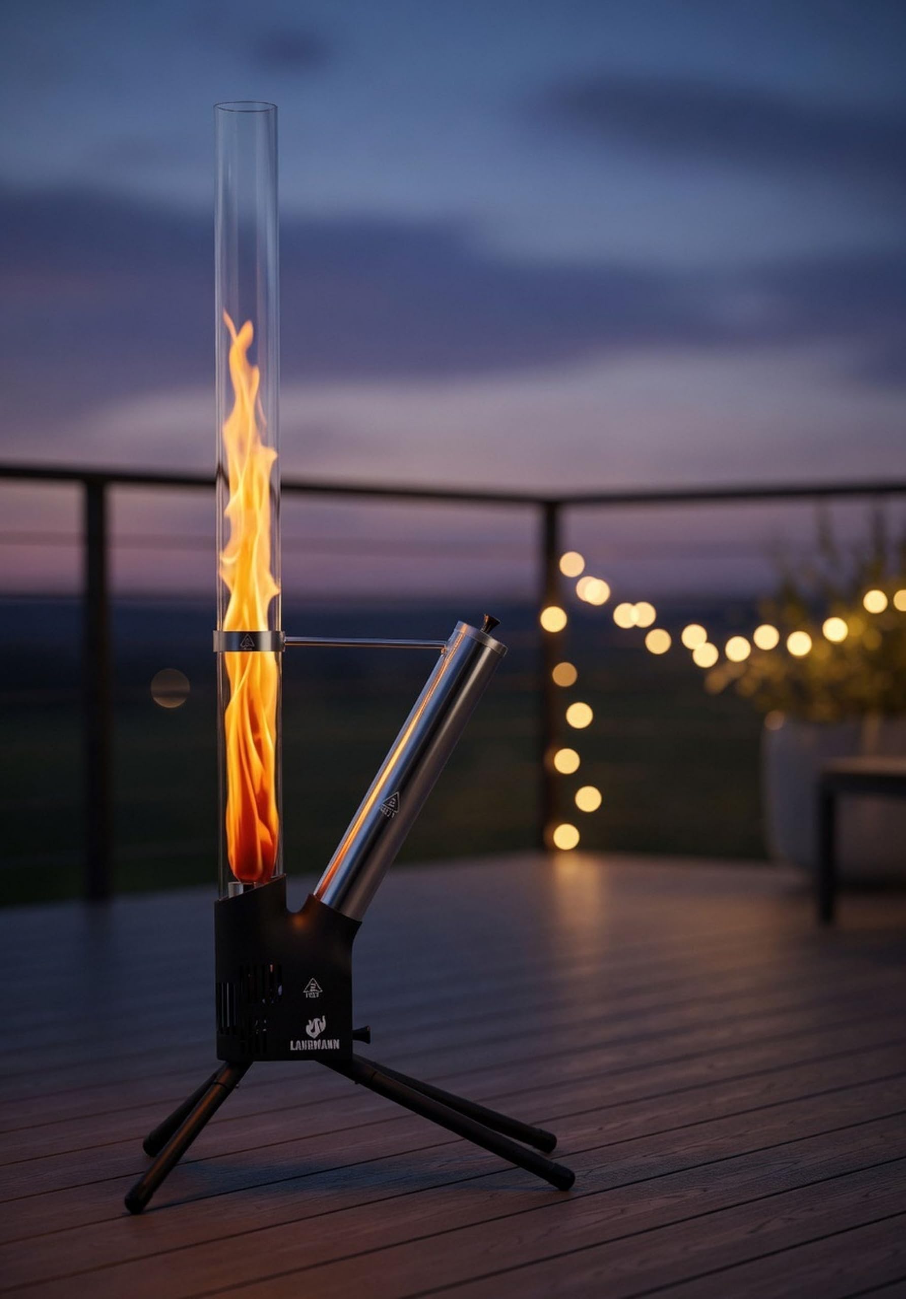 Feuersäule Schwarz/Silber – Outdoor Pellet Feuerstelle 126,5 cm mit Borosilikat-Glasrohr, raucharm, bis 75 Min. Brenndauer, Edelstahl & Aluminium für Garten und Terrasse