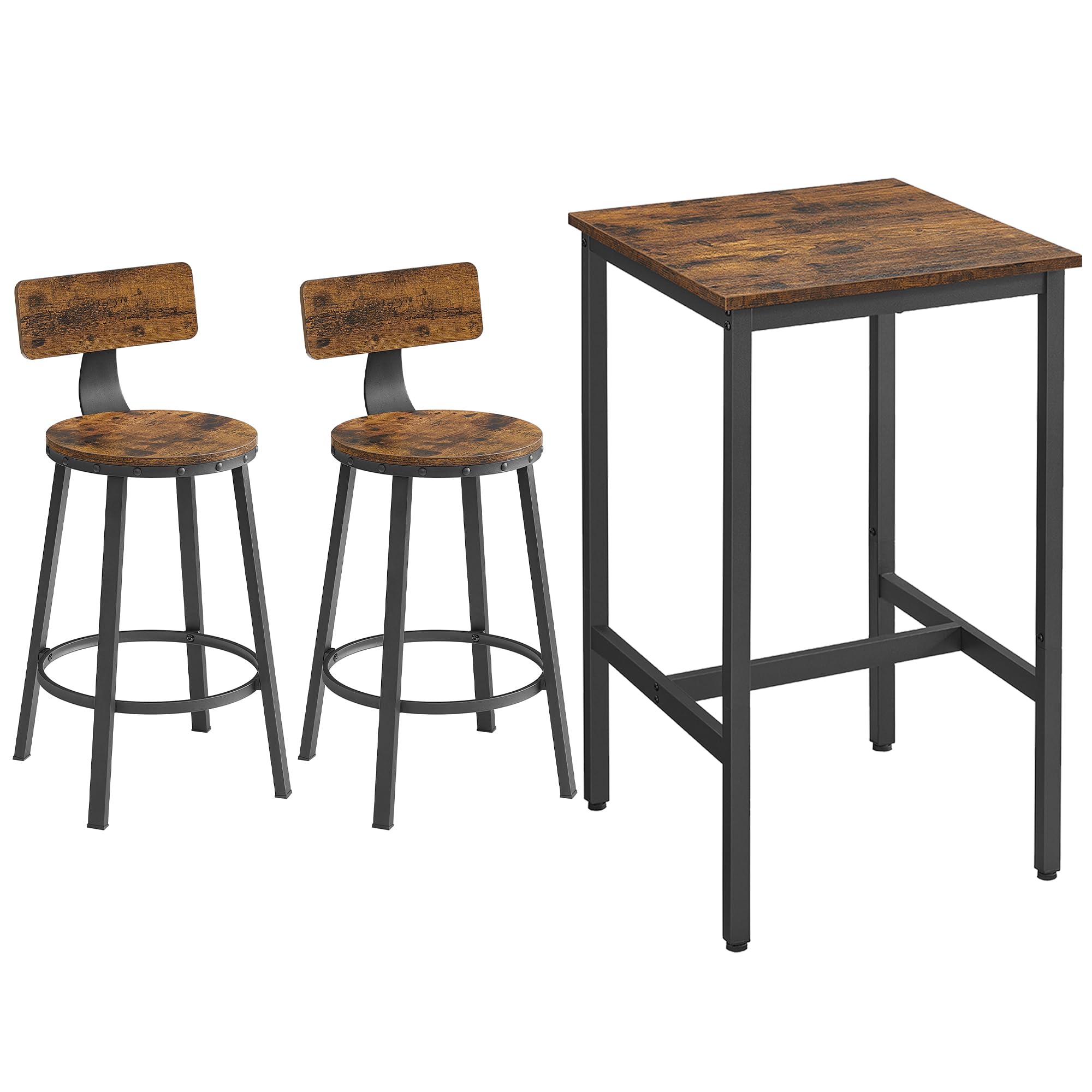 VASAGLE Ensemble Table Haute avec 2 Tabourets de Bar, Table de Bar Carrée, Table de Cuisine, Chaises de Bar, Chaise de Cuisine, Cadre en Métal, Montage Facile, Marron Rustique et Noir LBT031B01