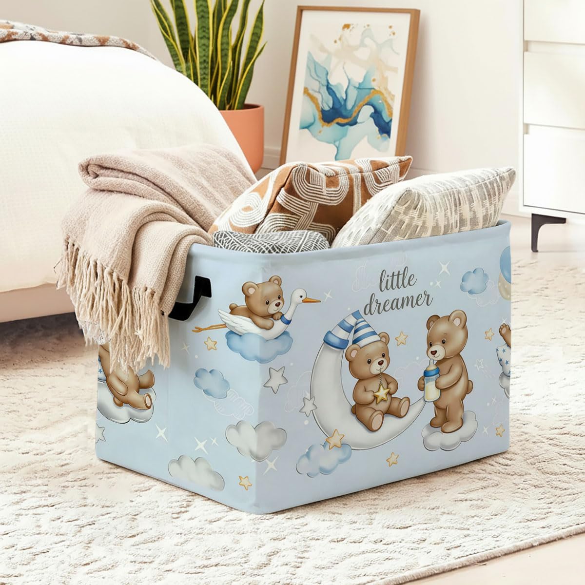 56L Bule Bear Laundry Basket Clothes Hamper with Handles,Foldable Blanket Storage Large Laundry Hamper with Waterproof,Toy Storage Bin Organizer,Clothes Organizer,Home Decor Gifts