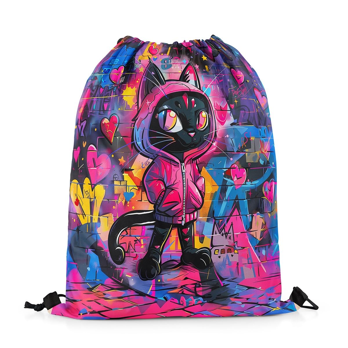 Homewish Black Cat String Backpack Pink Love Pattern Drawstring Bags Hippie Graffiti Drawstring Backpack Watercolor Tie Dye Draw String Back Bag 33 x 40 cm,Pink Black