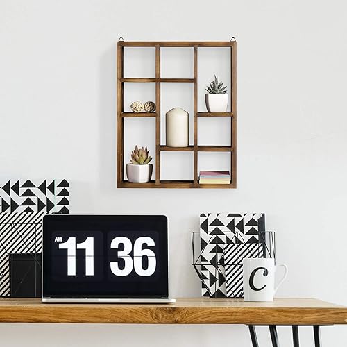 Miniatura 8 de MyGift Caja de sombra vintage de madera maciza con 9 compartimentos, vitrina de curiosidad para montar en la pared, estante independiente o flotante
