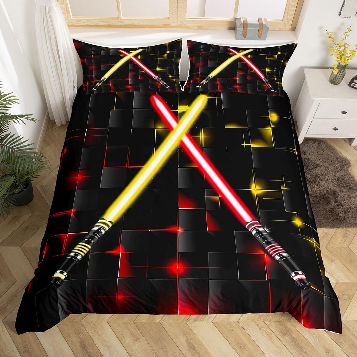 Castle Fairy Red Yellow Geometric Grid Duvet Cover Twin Size Lightsaber Quilt Bedding Set 2Pcs,Kids Boys Teens Modern Square Plaid Comforter Cover Fashion Black Checkered Quilt Cover,1 Pillowcase