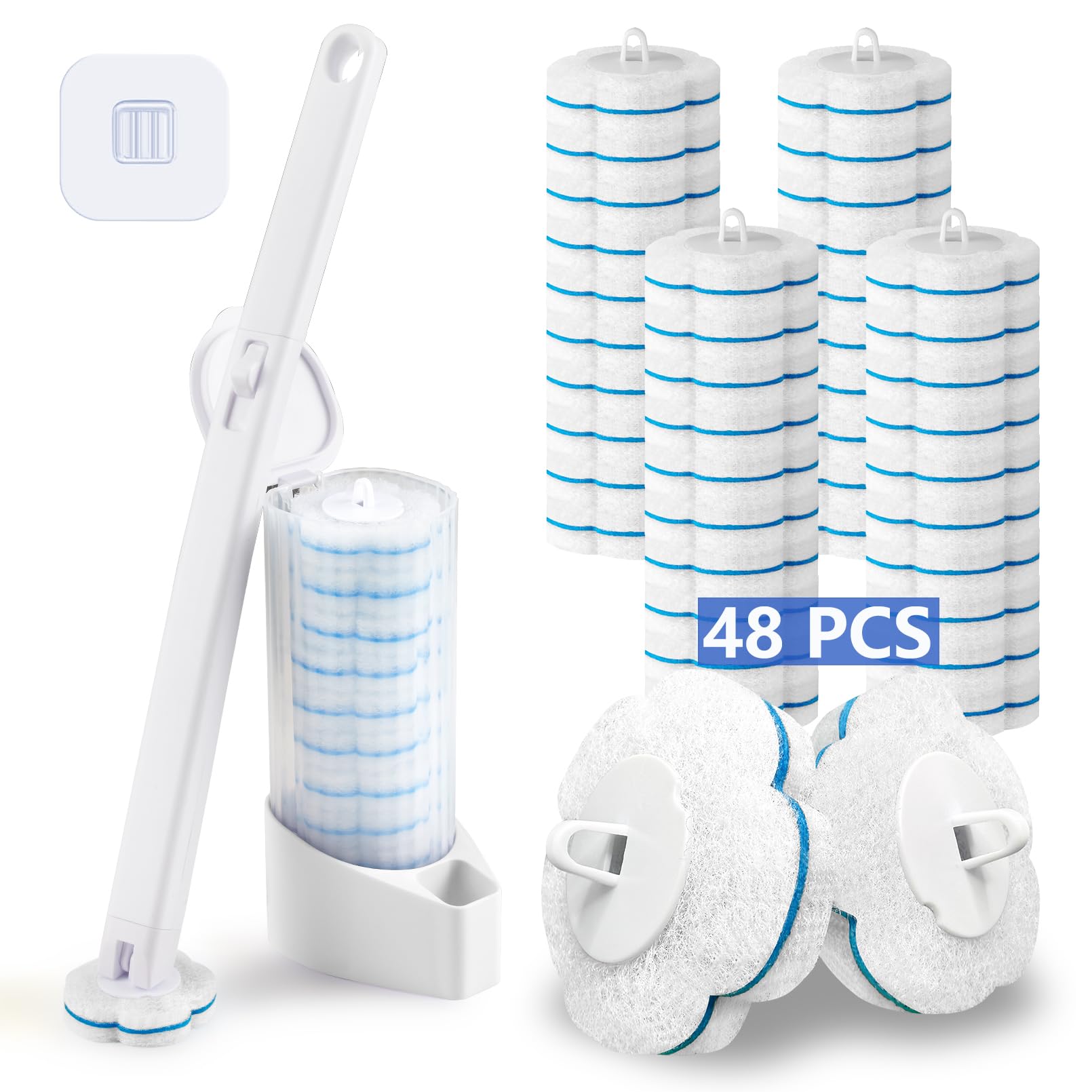 Ucaimao Einweg Toilettenbürste，Einweg Klobürste mit 48 Stück Reiniger Nachfüllungen verlängertem Griff und Halter-Set WC-Bürsten für Badezimmerreinigung，Waschbecken，Badewanne，Boden - Weiß