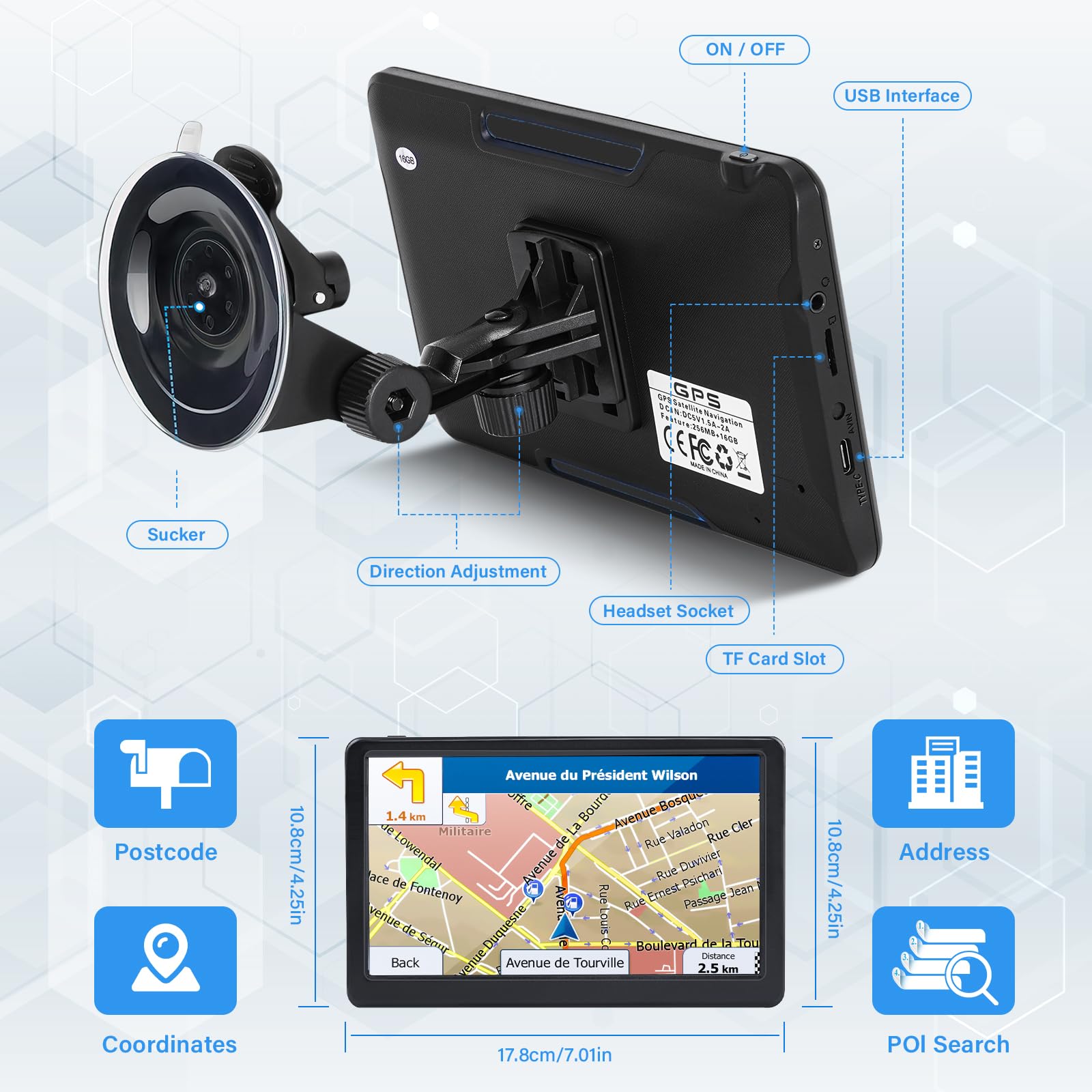 GPS Navigator for Car Truck RV, 7" Touchscreen GPS Navigation System, 2026 Map with Voice Guidance, Speed Alert, Red Light Warning, Custom Truck Routing, Free Lifetime Updates (Blue)