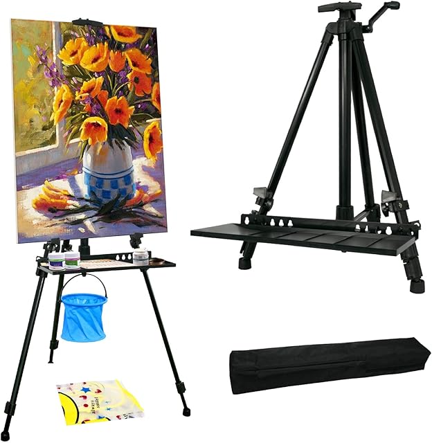 STANDNEE Artist Easel Stand Easel for Painting Canvase , 50 to 155cm Art Easel for Painting & Displaying, Aluminum Adjustable Height Display Tripod with Portable Bag/Folding Keg/Apron.(Black)