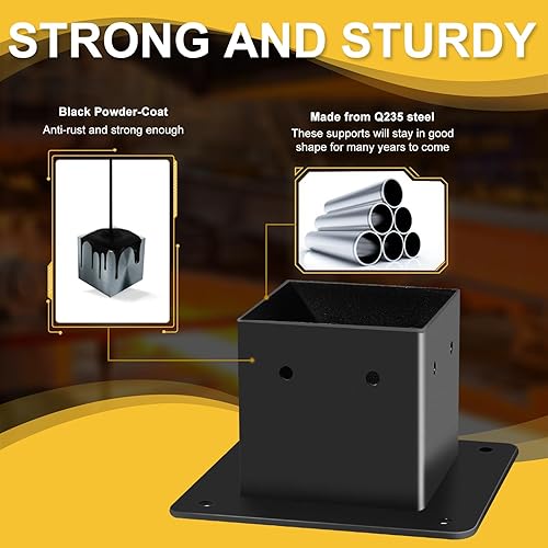 Miniatura 4 de Base de poste de 4 x 4, 4 soportes de poste (tamaño interior de 3.5 x 3.5 pulgadas), anclaje de acero resistente con recubrimiento en polvo negro