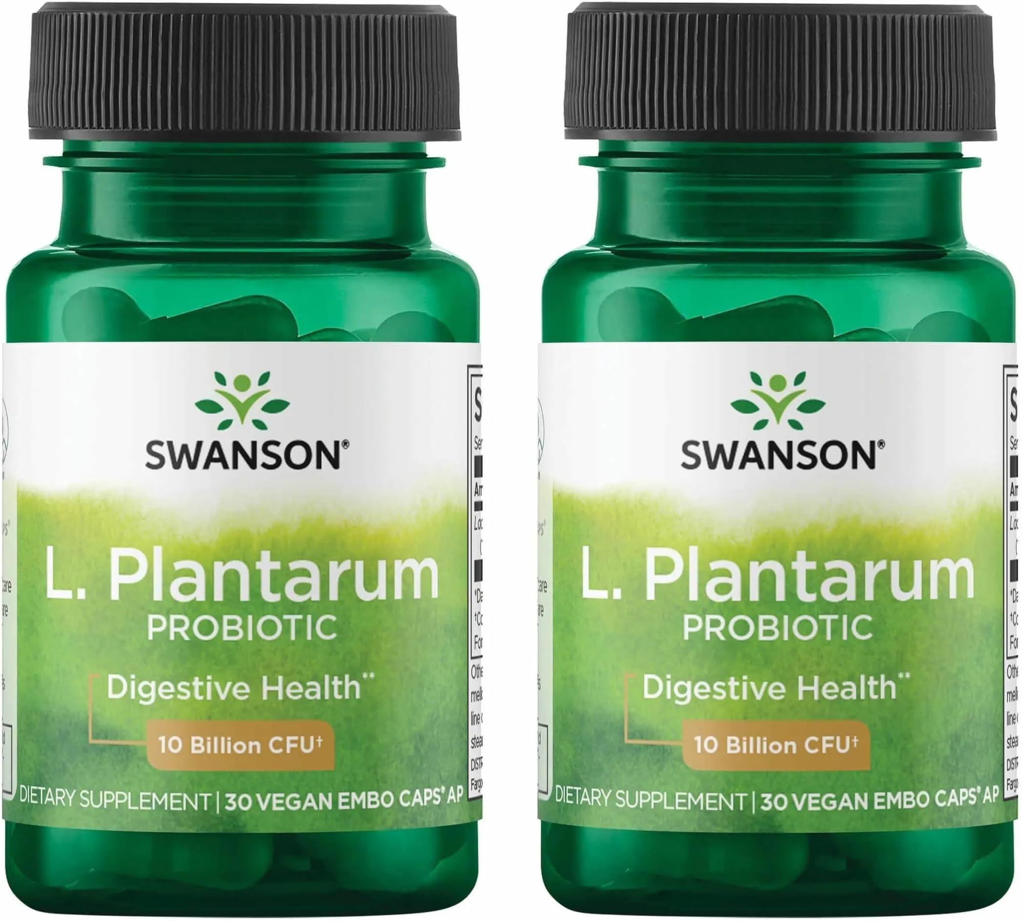 Swanson L. Plantarum - 10 Billion CFUs - Probiotic Supplement for Occasional Gas & Bloating - Supports Lower GI Tract Health* - No Refrigeration Needed - Non-GMO - 30 Vegan Capsules (2 Pack)