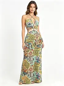 Vestido longo feminino Boho vintage estampado frente única decote recortado em camadas