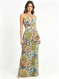 Vestido longo feminino Boho vintage estampado frente única decote recortado em camadas