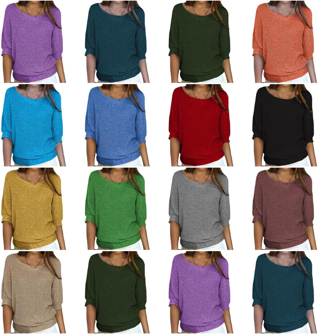 ZOCANIA Women's Crew Neck Casual Loose Ribbed Knit Solid 3/4 Length Sleeve Soft Pullover Oversized Sweater Tops