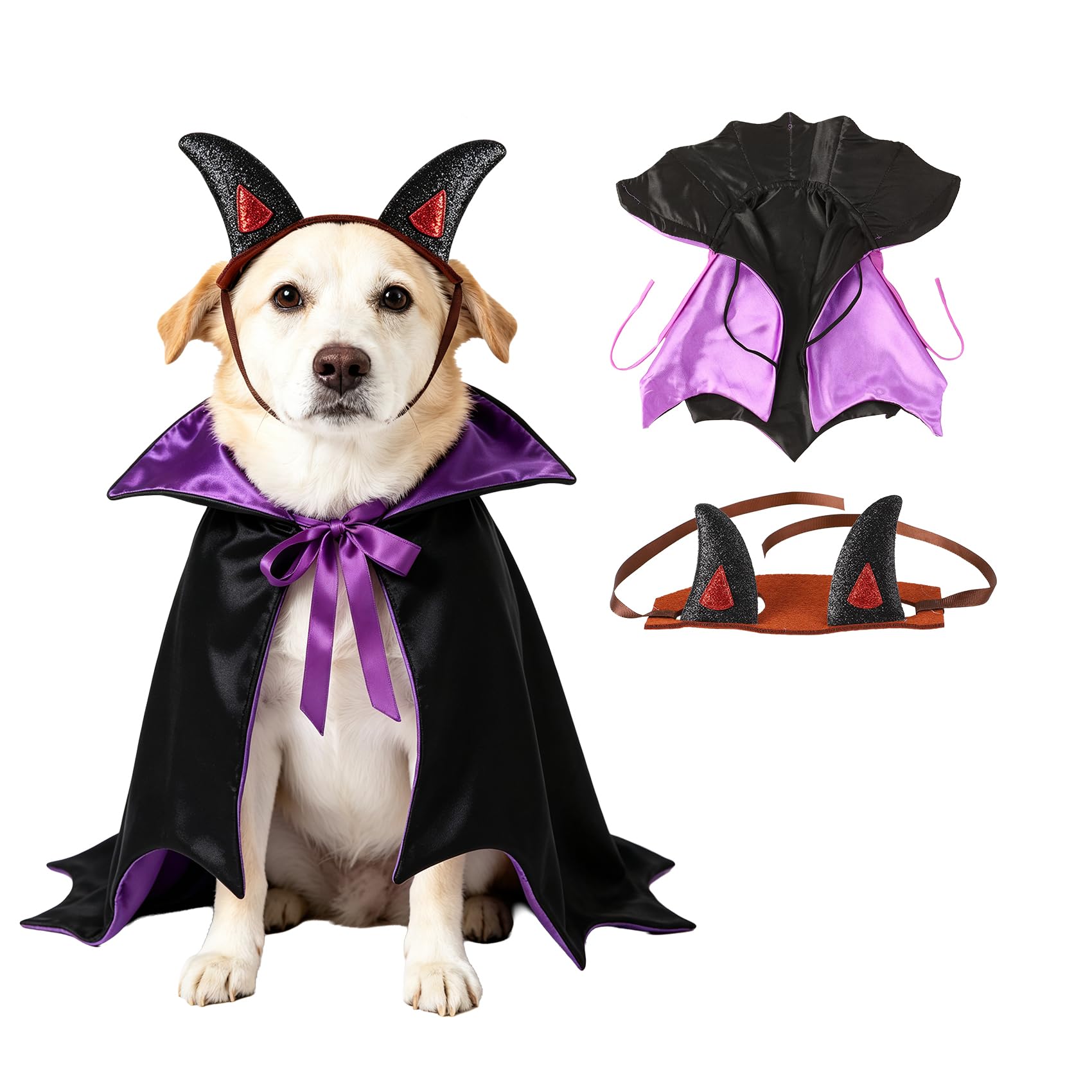 Dog Cat Vampire Halloween Costume Cape & Headpiece Set (Purple, M)