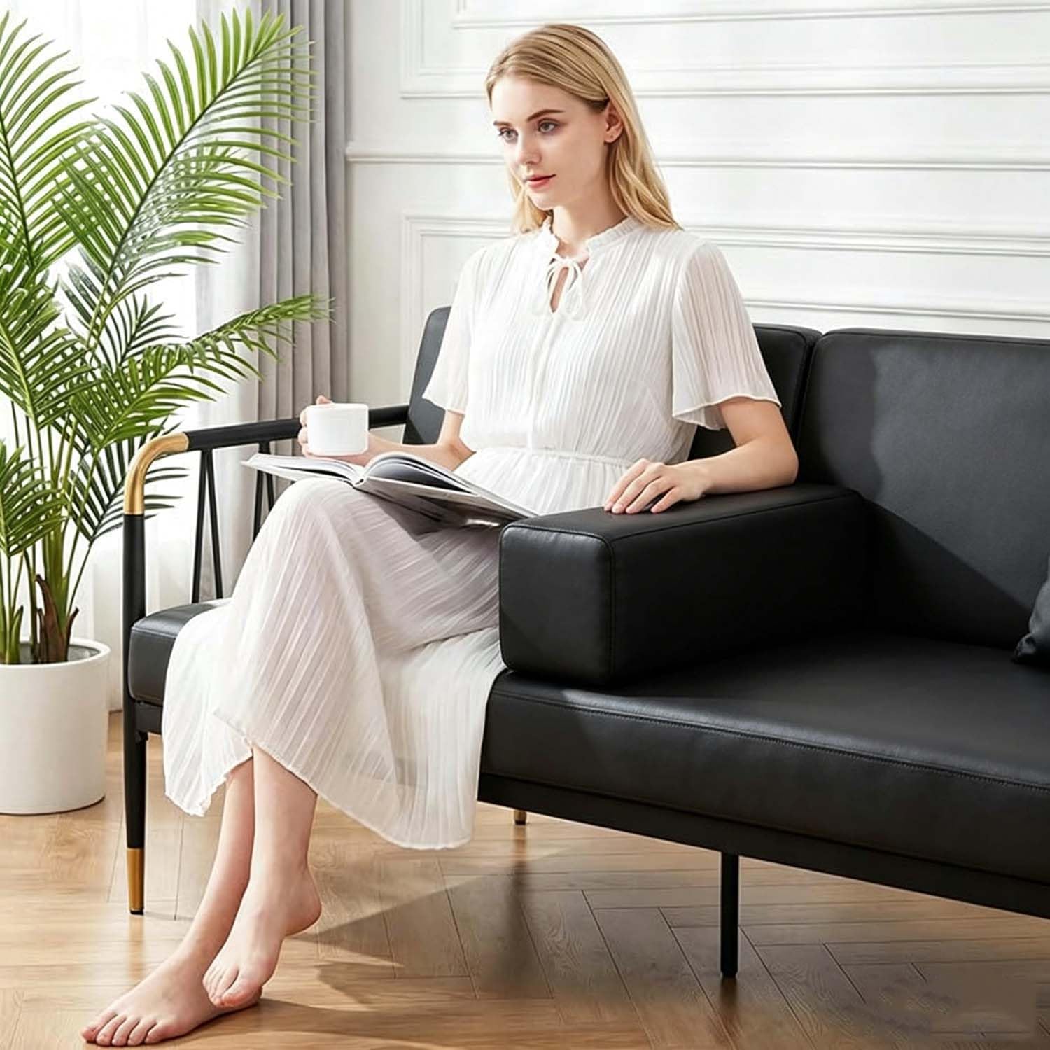 Monbaer Bolster Cushion Faux Leather Waterproof Cover Foam Pillow, Elbow Support Cushion for Armrest & Lumbar Support Cushion for Sofa, Bed & Armchair, Gap Filler (Black,15x15x50cm)