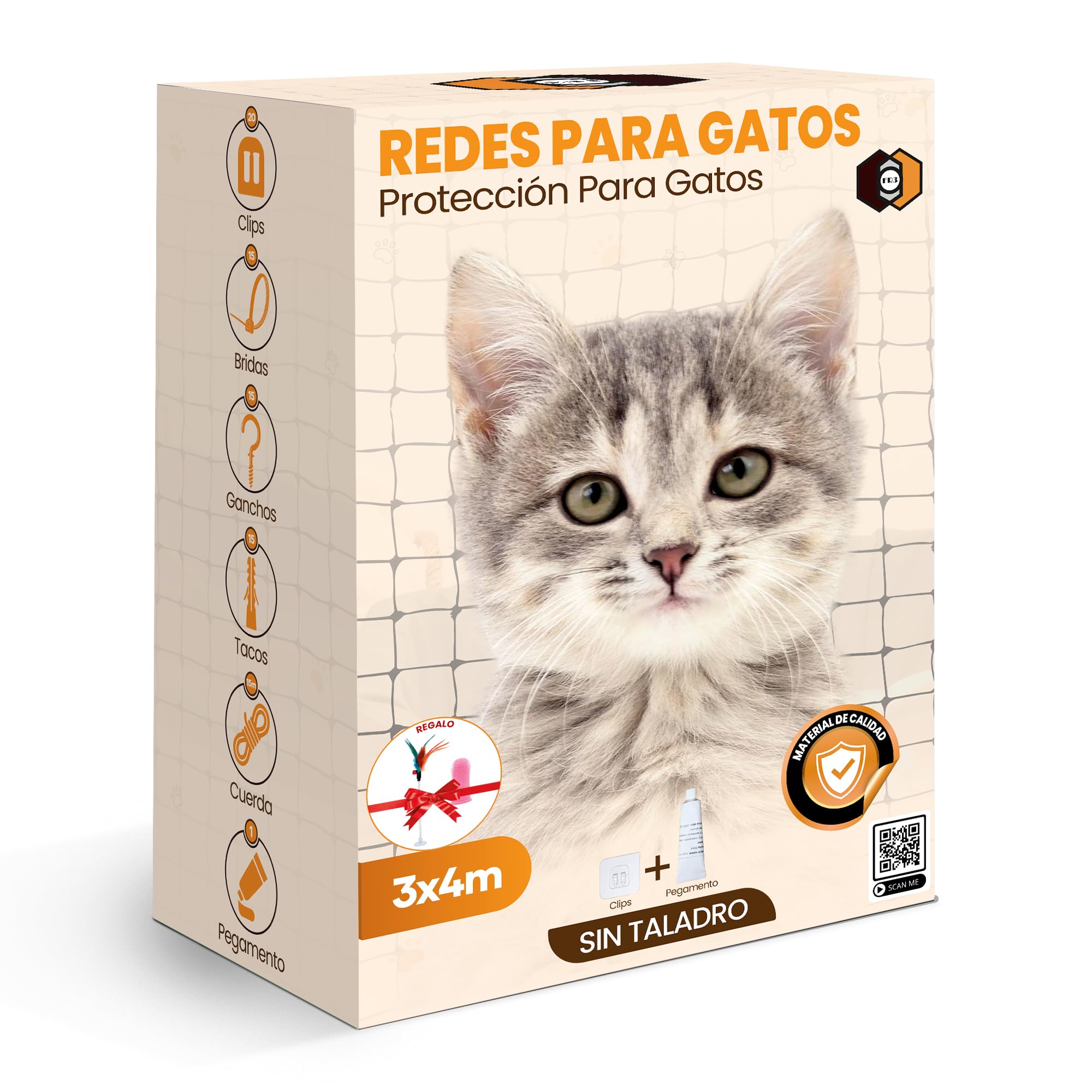 Redes Para Gatos Balcones Red Para Gatos FR3 - 3x6 Metros - 12 Hebras PE Acero - Evita Caídas En Balcones Y Terrazas Red Gatos Ventanas Sin Taladro
