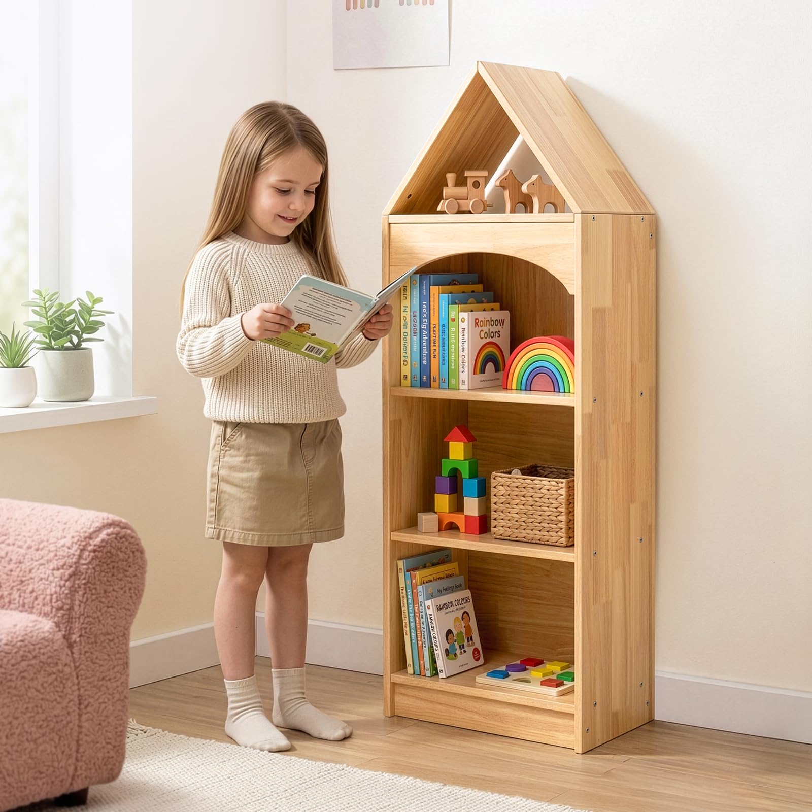 OOOK Rubberwood Kids Bookshelf, 4-Tier Toy Organizers and Storage, Wood Corner Cabinet for Kids Room, Playroom, Nursery, Classroom, Kindergarten