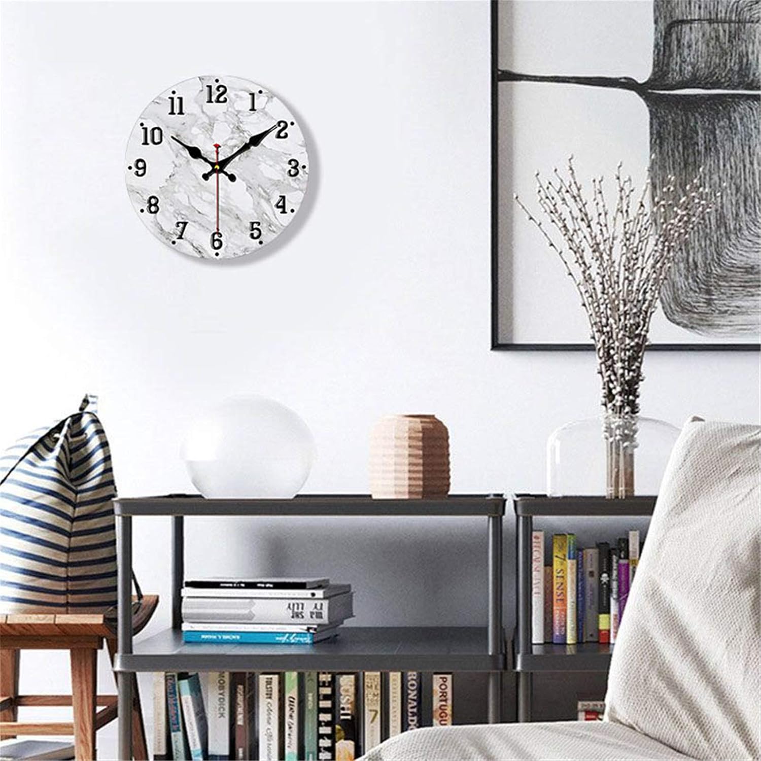 Modern White Marble Texture Wall Clock Non Ticking Silent 10 Inch Art Clock for Living Room Bedroom Office School Home Decor