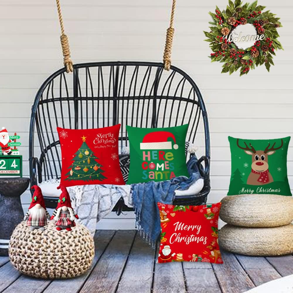 Set of 4 Christmas Pillow Covers 20x20 Inch Merry Christmas Pillow Cases Christmas Tree Throw Pillow Covers Red Green Xmas Holiday Pillow Covers Outdoor Couch Sofa Cushion Covers for Christmas(20)