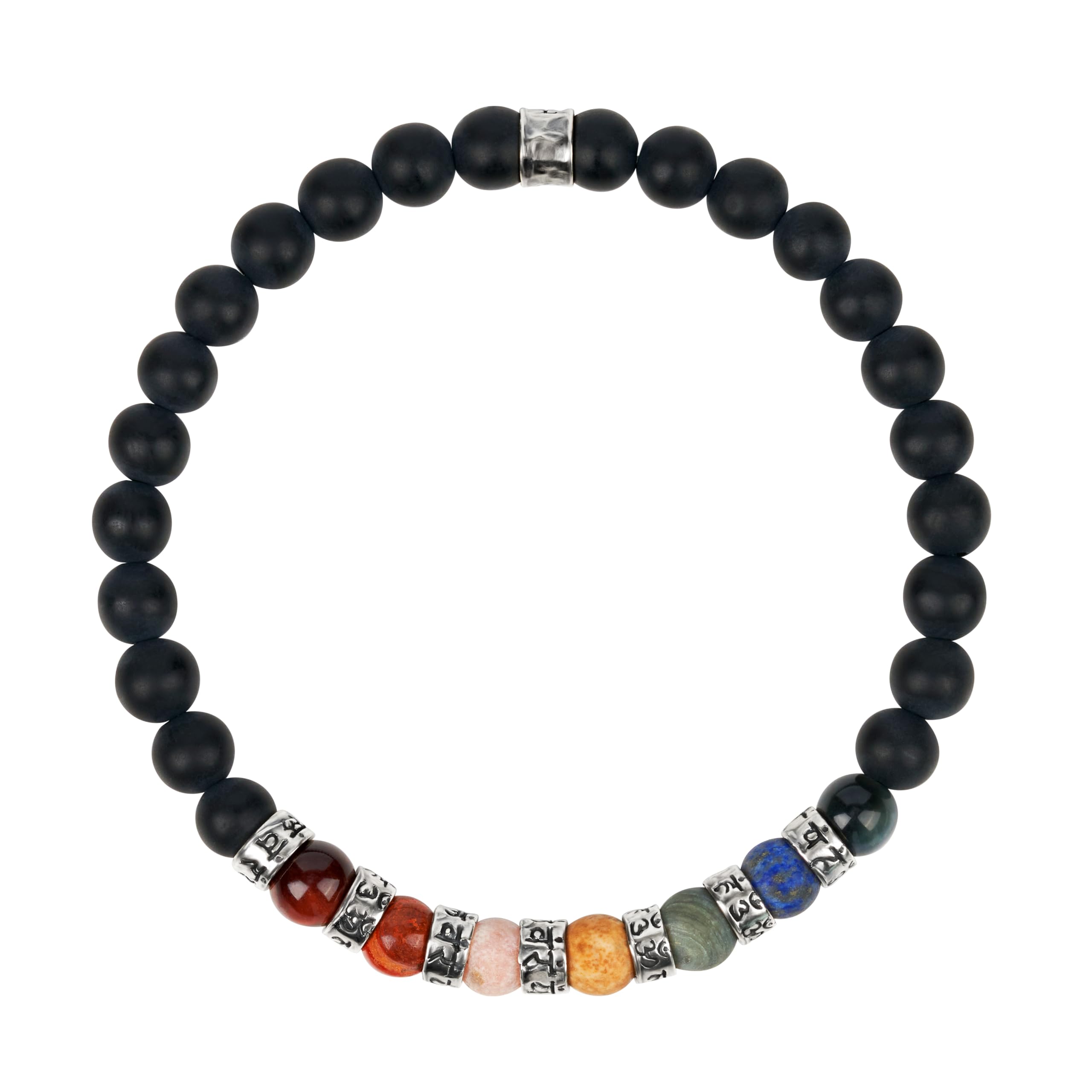 KARMA AND LUCK Vigorous Growth - 925 Oxidized Sterling Silver Matte Onyx Jasper Chakra Mantra Barrels Barrel Bracelet, 7.5" stretch,, 7.5, Sterling Silver  Crystal Stone, Jasper