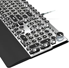 Typewriter Keyboard Mechanical Gaming Keyboard White LED Backlit Removable Magnetic Wrist Rest Multifunction Knob 104-Key Anti-Ghosting Black Switch Retro Steampunk Round Keycaps Wired USB