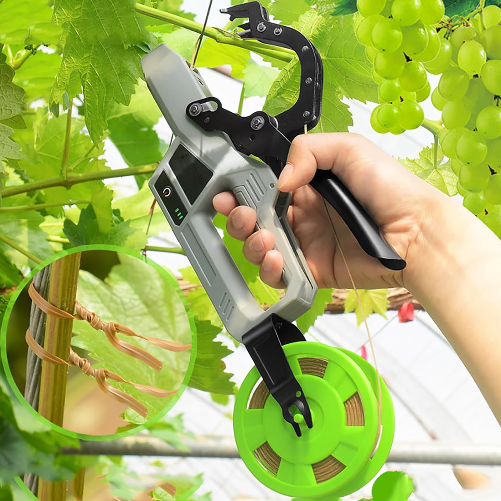 Herramienta inalámbrica para atar plantas con rollo de hilo de encuadernación y herramienta de bobinado automático de 45 mm de diámetro, capacidad de 6000 lazos para uvas, tomates, verduras y vinos