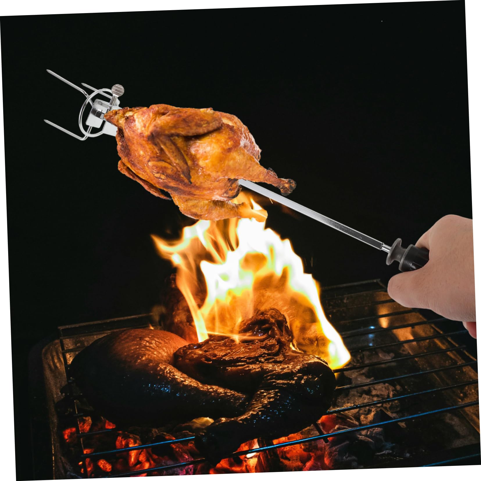 HEMOTON 1 Set Rotating BBQ Fork Meat Forks for Grilling Roasting Chicken Turkey Fish Easy to Clean for Outdoor Camping BBQ Parties