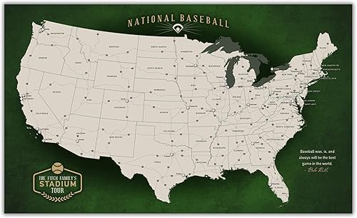 Holy Cow Canvas Personalized Canvas Baseball Stadium Map Tracker with Pins Includes Push Pins, Baseball Parks Bucket List, Customized Baseball Gift