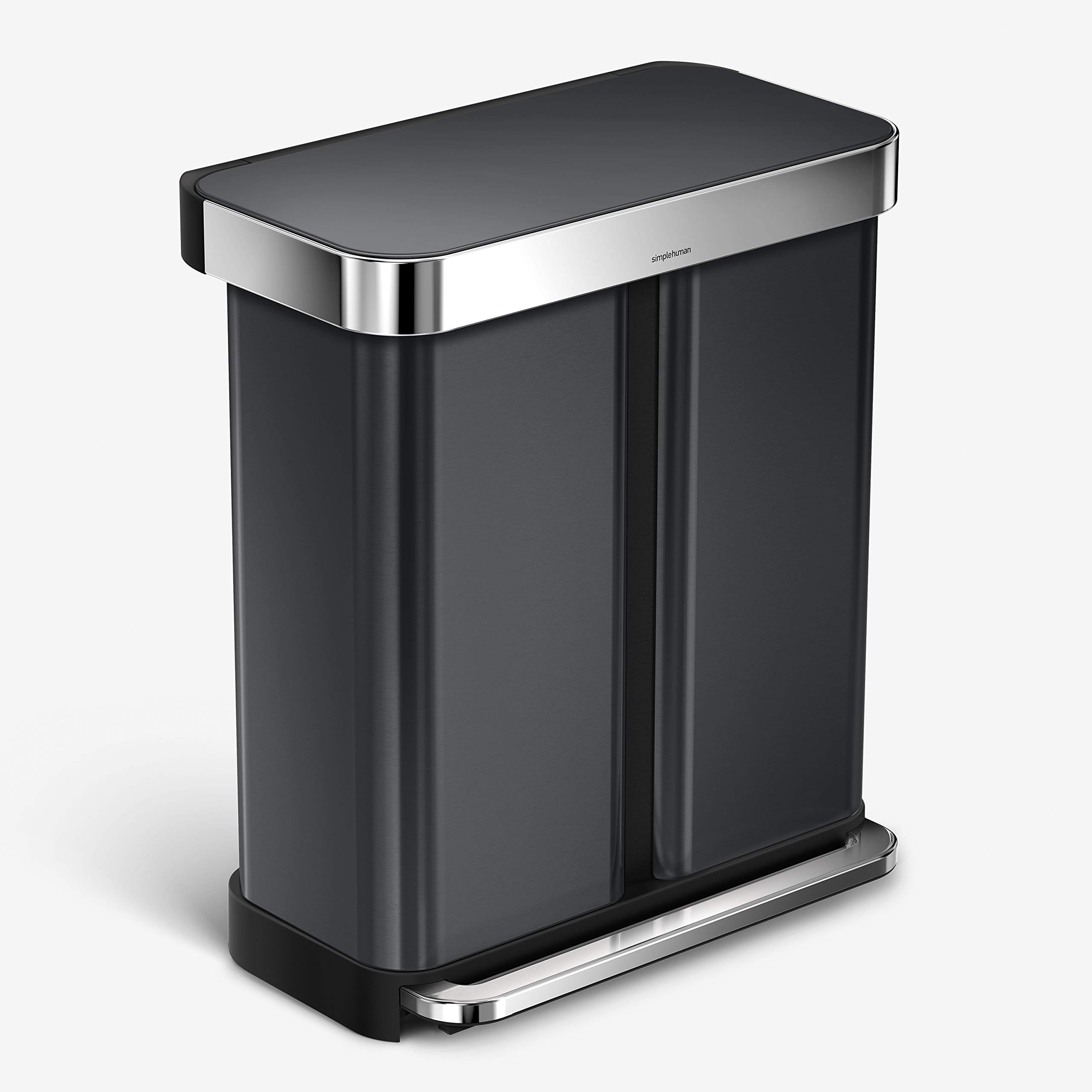 simplehuman 58 Liter / 15.3 Gallon Rectangular Dual Compartment Recycling Step, Brushed Stainless Steel with Soft-Close Plastic Lid Kitchen Trash Can