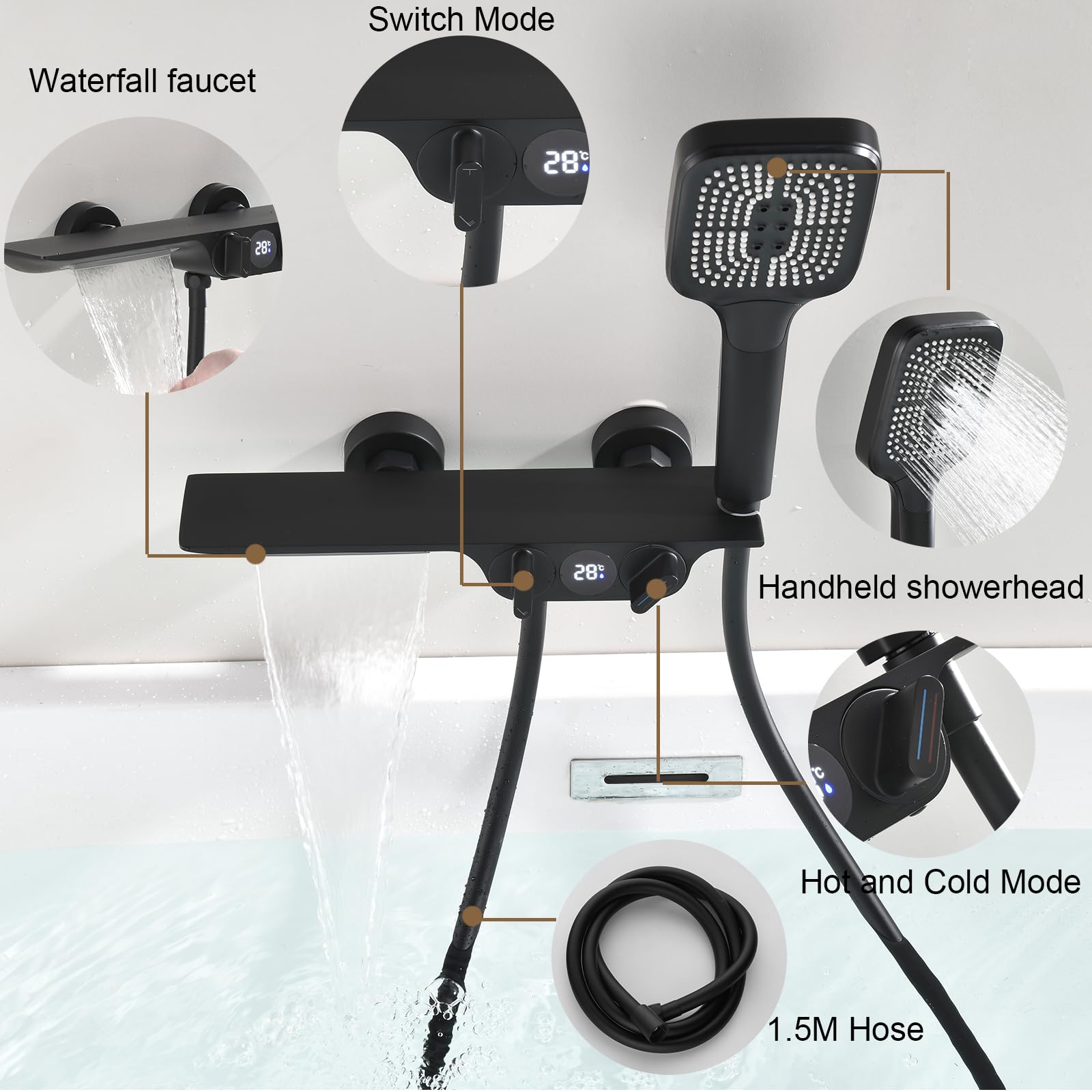 Badewannenarmatur mit Handbrause, Wasserfall Badewannenarmatur