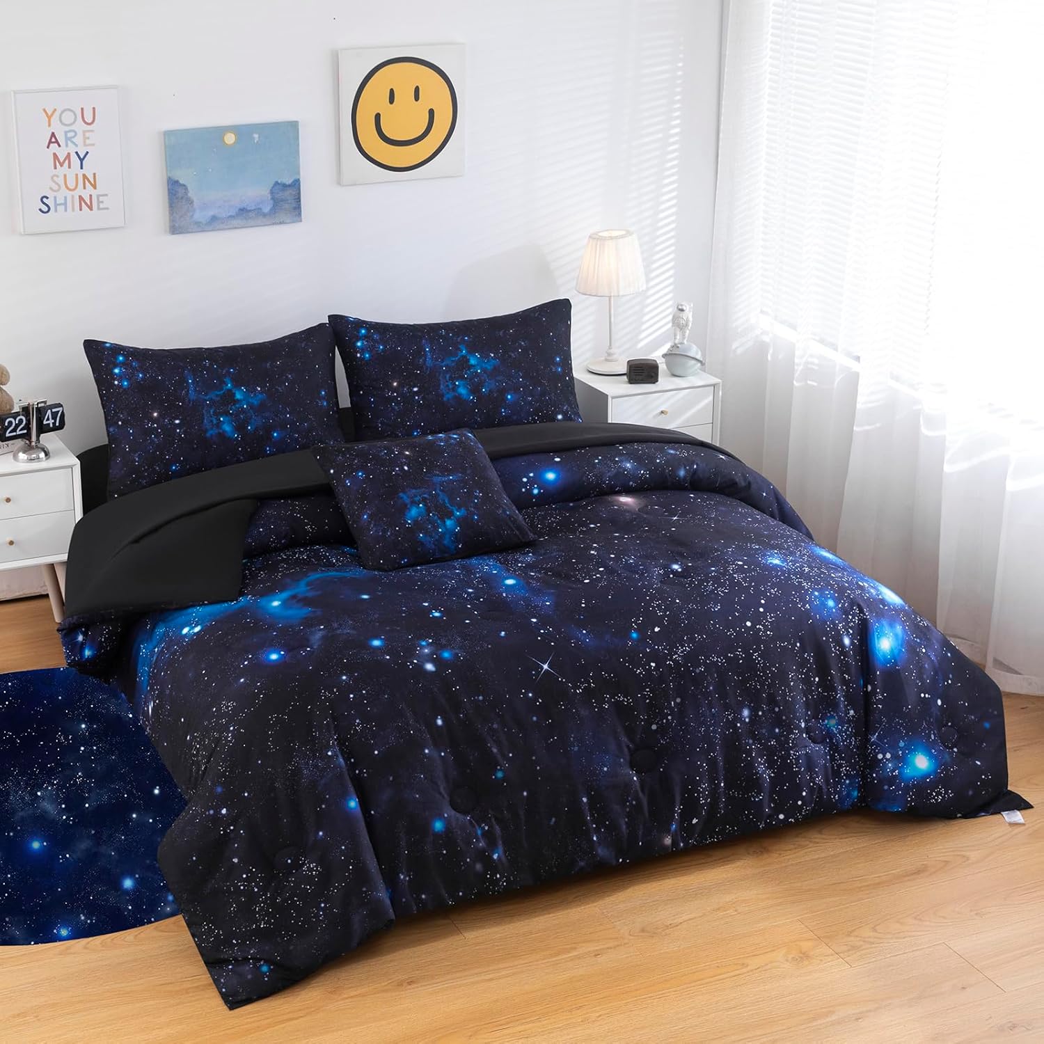 6 Pcs Galaxy Comforter Set Twin Size Space Blue and Purple Starry Sky Night Bedding Set for Girls Boys Kids Twin(1 Comforter, 1 Flat Sheet, 1 Fitted Sheet, 1 Cushion Cover, 2 Pillowcases) - Image 3