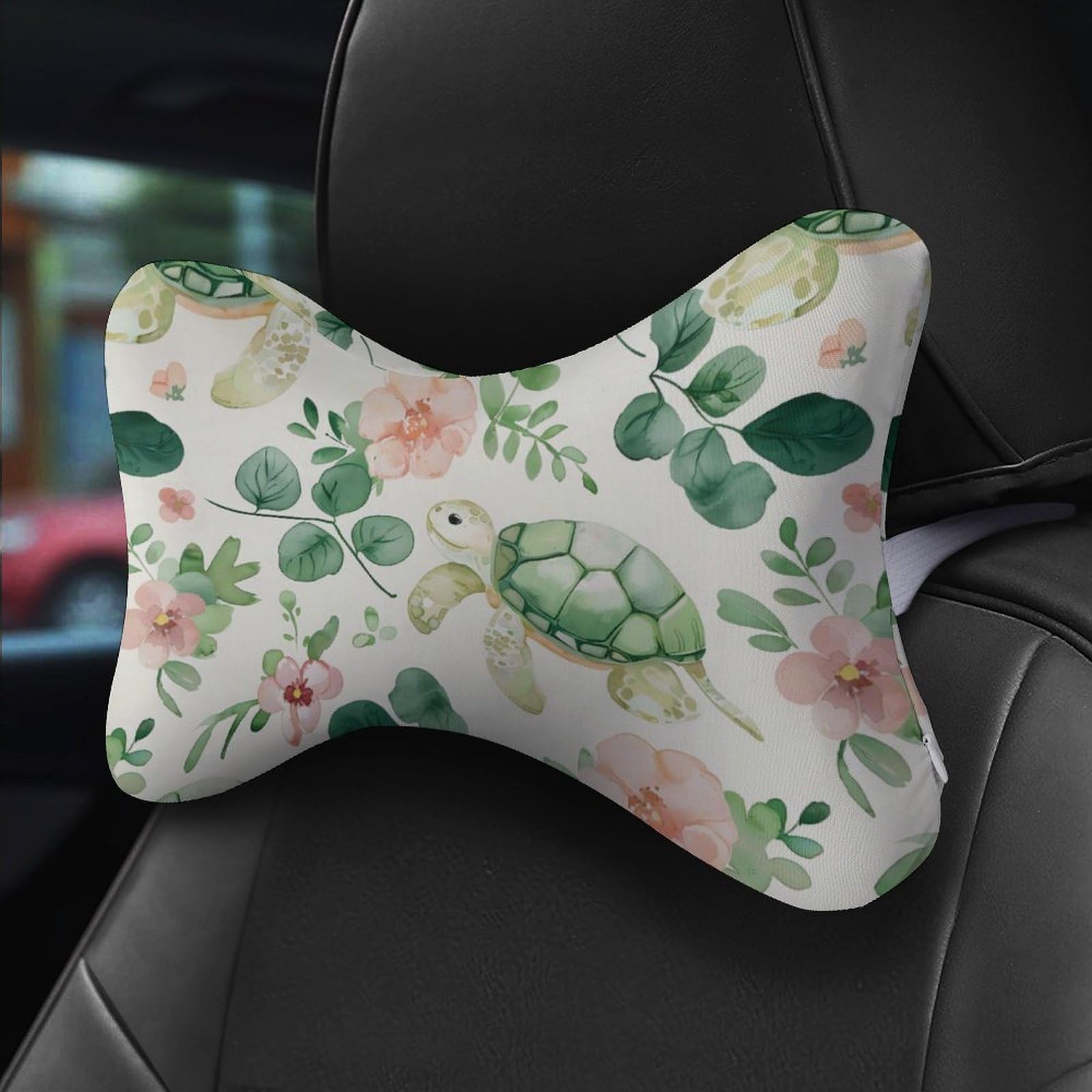 Green Turtle Flower Car Neck Pillow Set of 2 Car Seat Head Support Cushion Bone Pillows with Elastic Strap