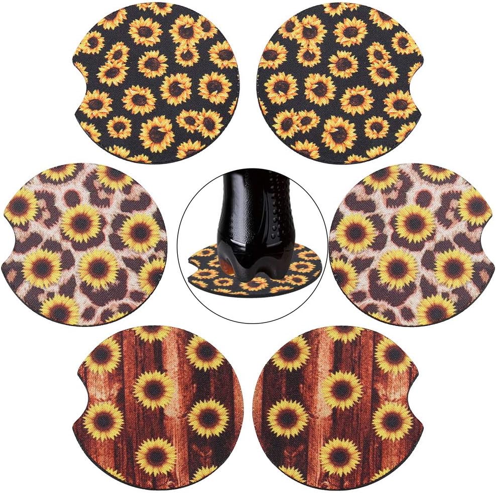 6 Pack Car Coasters, 2.56 Inch 3 Leopard Cup Holder Coasters for SUV Accessories or Any Vehicle (Sunflower)