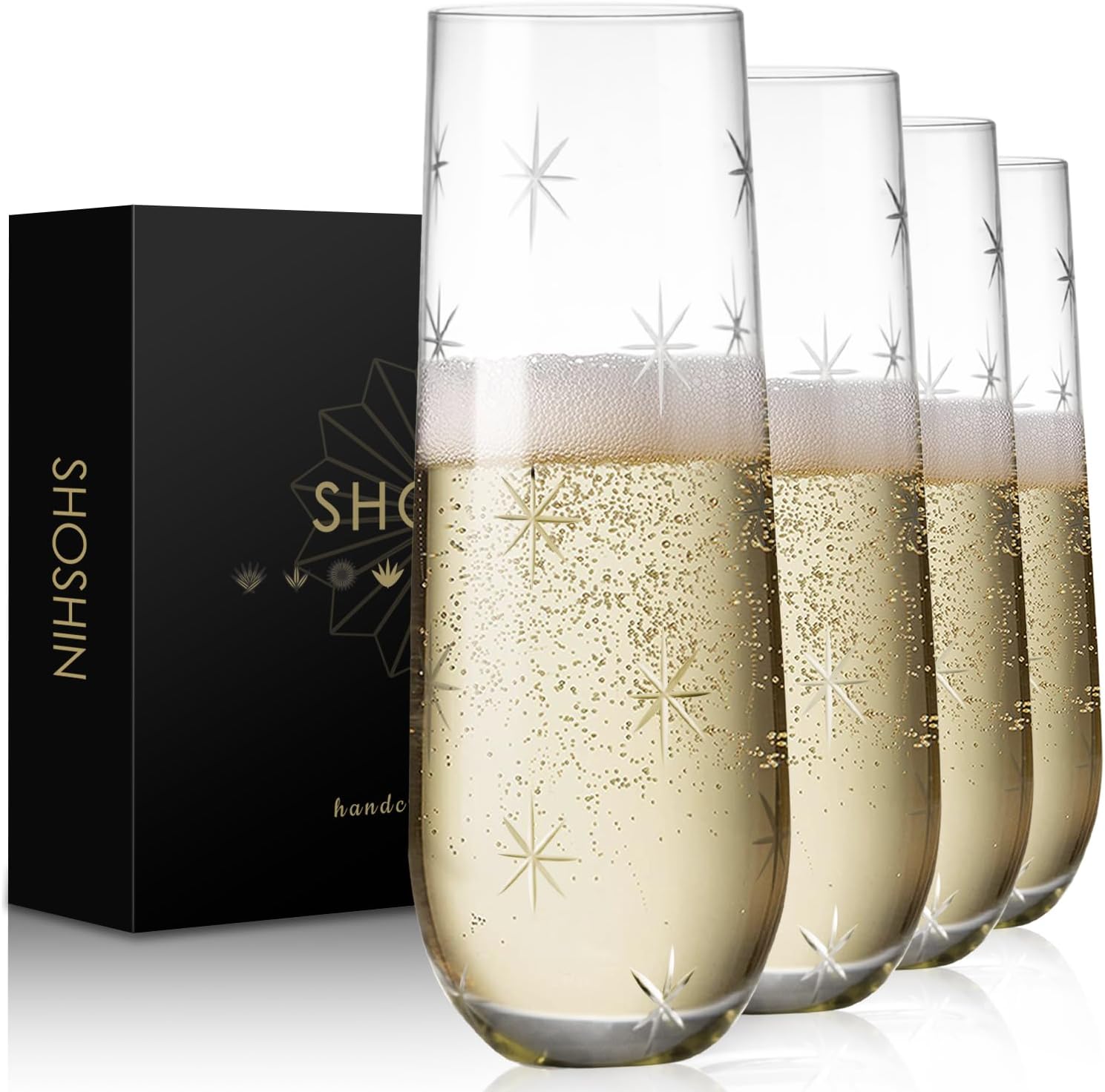 SHOSHIN Stemless Champagne Glasses Set of 4 – 9.5oz Lead-Free Crystal Flutes with Elegant Fish Pattern, Perfect for Parties and Weddings, Dishwasher Safe