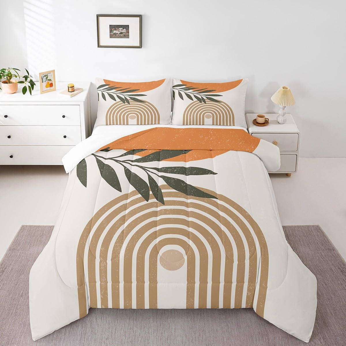 Sun Moon Abstract Comforter Set Queen Size,Boho Exotic Leaves Plants Bedding Set for Kids Girls Home Bedroom Decor,Modern Line Art Down Comforter,Sunrise Sunset Vintage Duvet Insert,2 Pillowcases