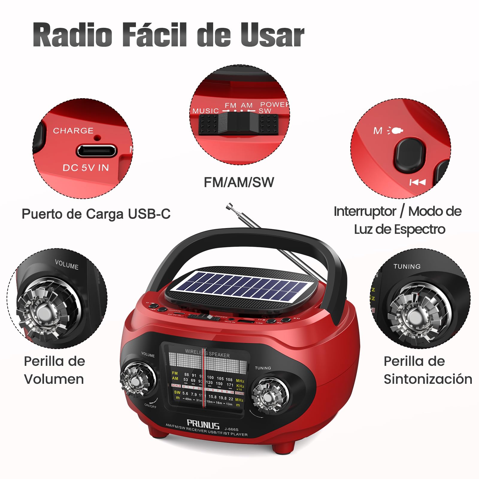 PRUNUS J-666 Transistor Radio Portatil FM/Am/SW, Radio Solar y Recargable de 1800mAh, Radios Bluetooth con Altavoz 15W, Graves Potentes y Sonido Estéreo, Soporta USB/TF/AUX, para Cocina/Salón/Jardín.