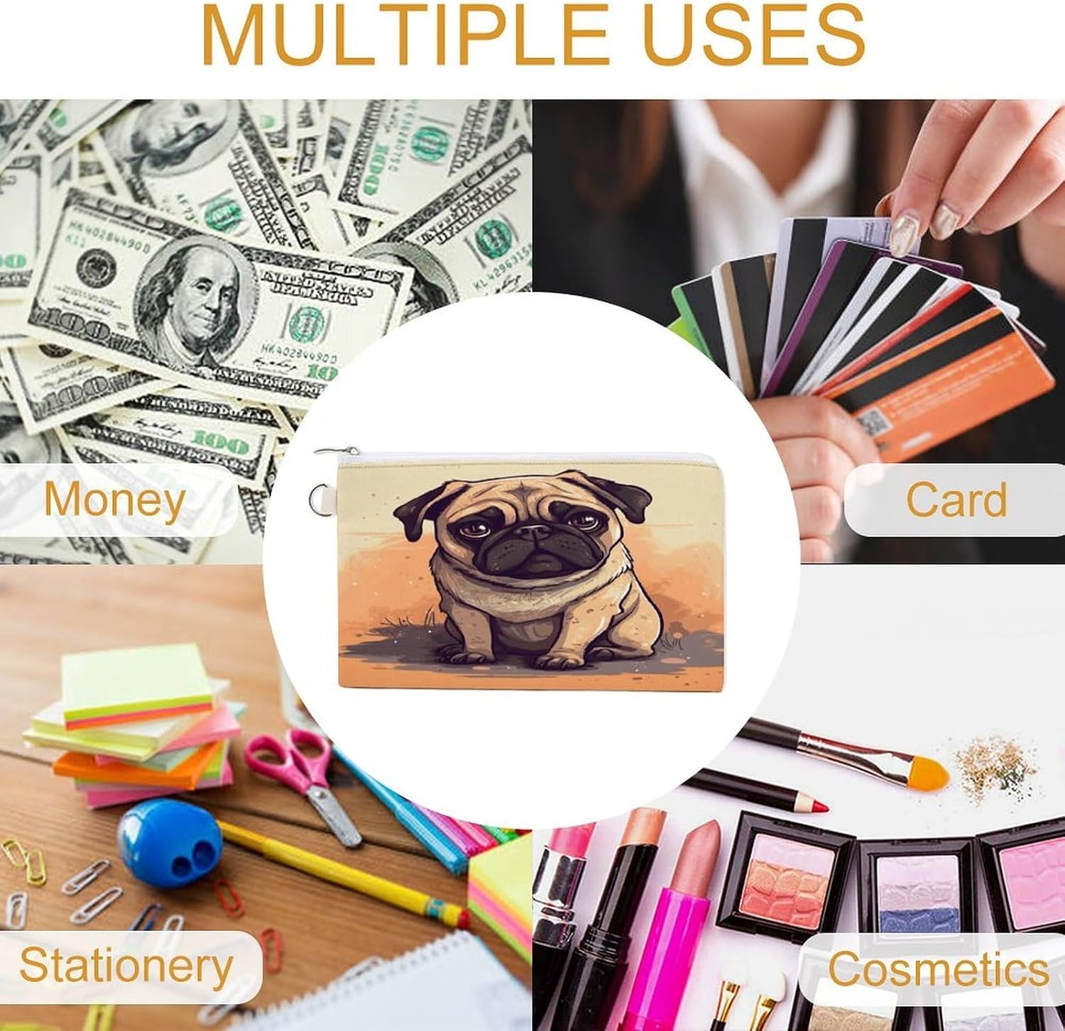 Pug Cartoon Coin Purse Fashion Mini Change Wallet With Zipper Cute Canvas Coin Bag Small Makeup Bag Portable Change Pouch Change Holder Coin Pouch Change Bags