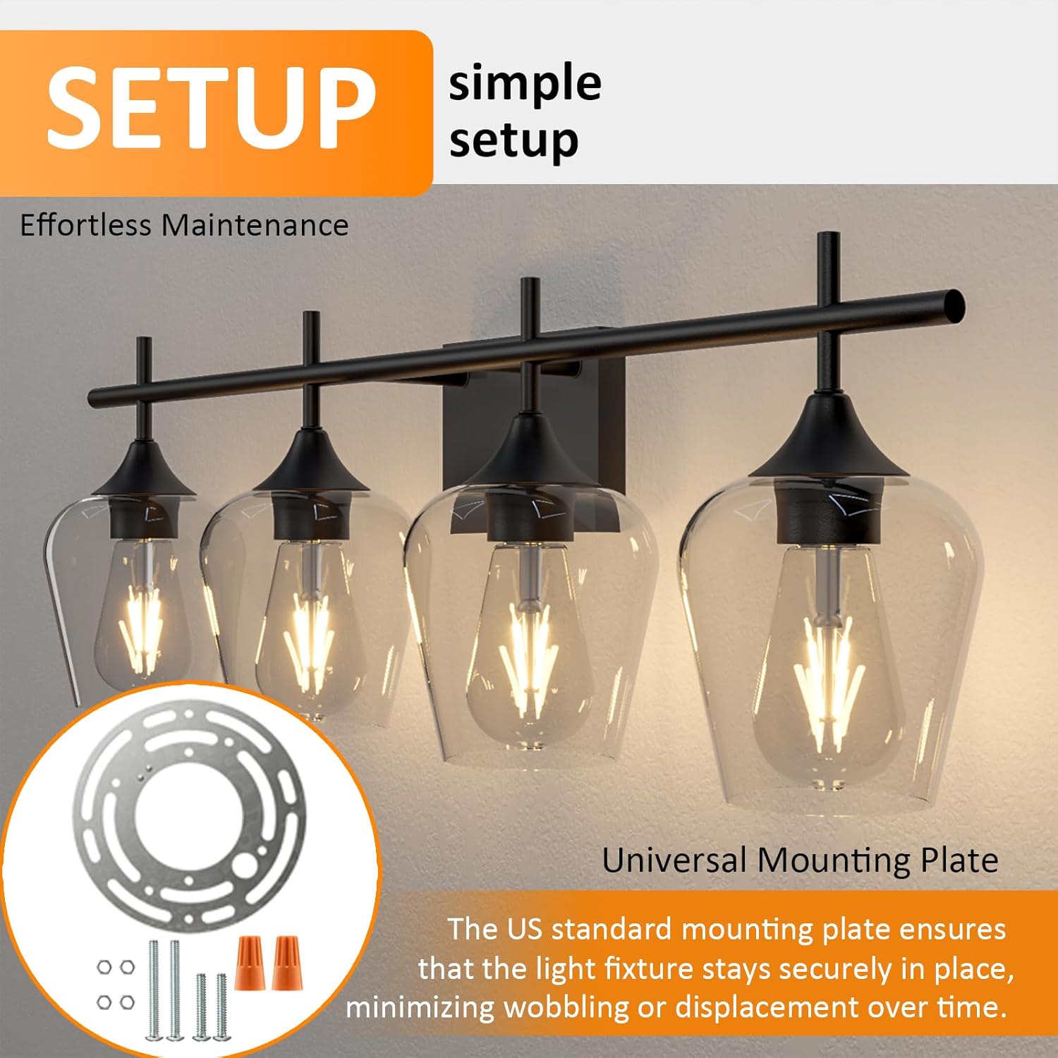 Vanity Bathroom Light, 4-Light Bathroom Light Fixtures Over Mirror, Black Vanity Lights for Bathroom with Clear Glass, Modern Wall Lamp for Cabinet Hallway, Bedroom