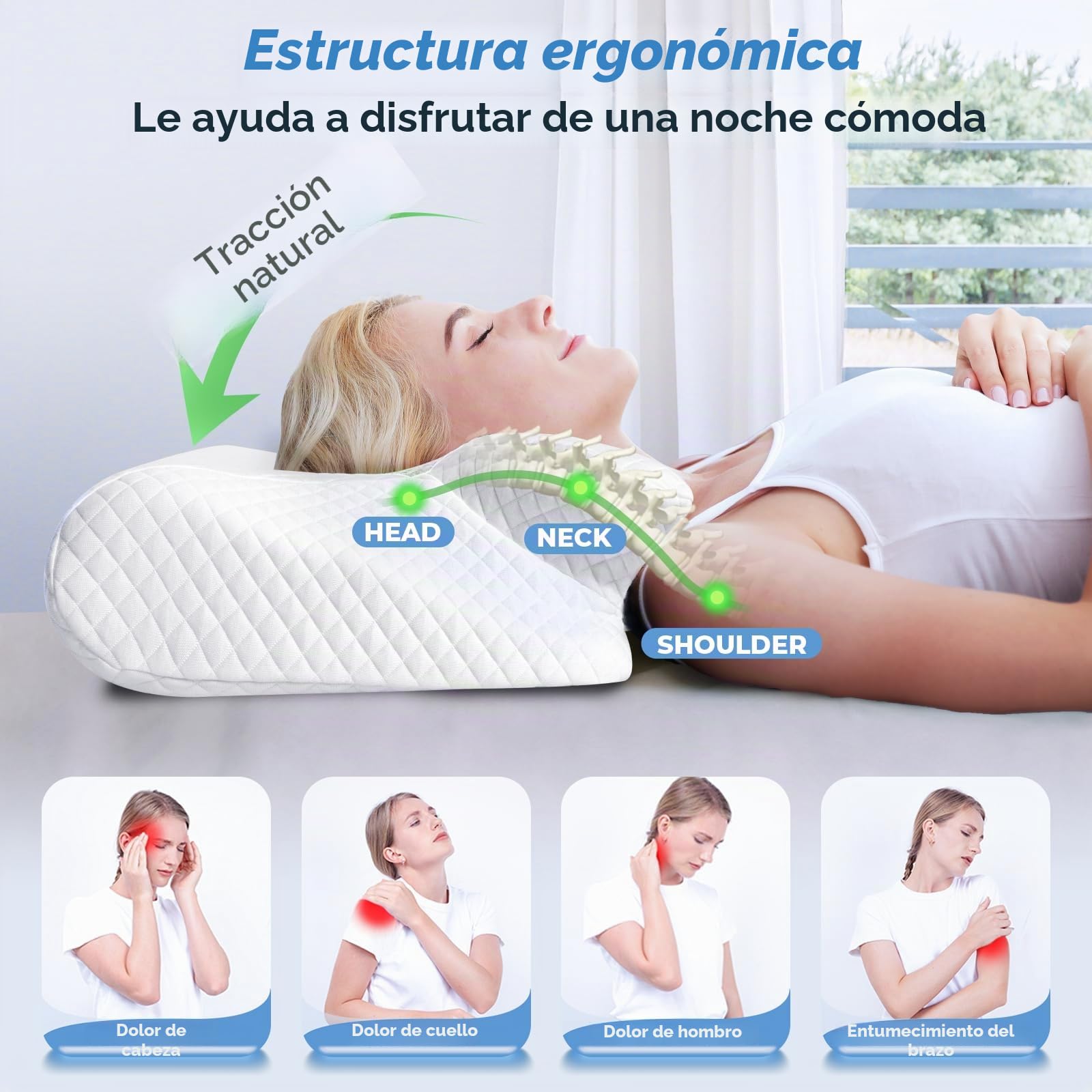 SAHEYER Almohada Cervicales y Cuello Espuma de Memoria,59x43x15/12cm,Blanco