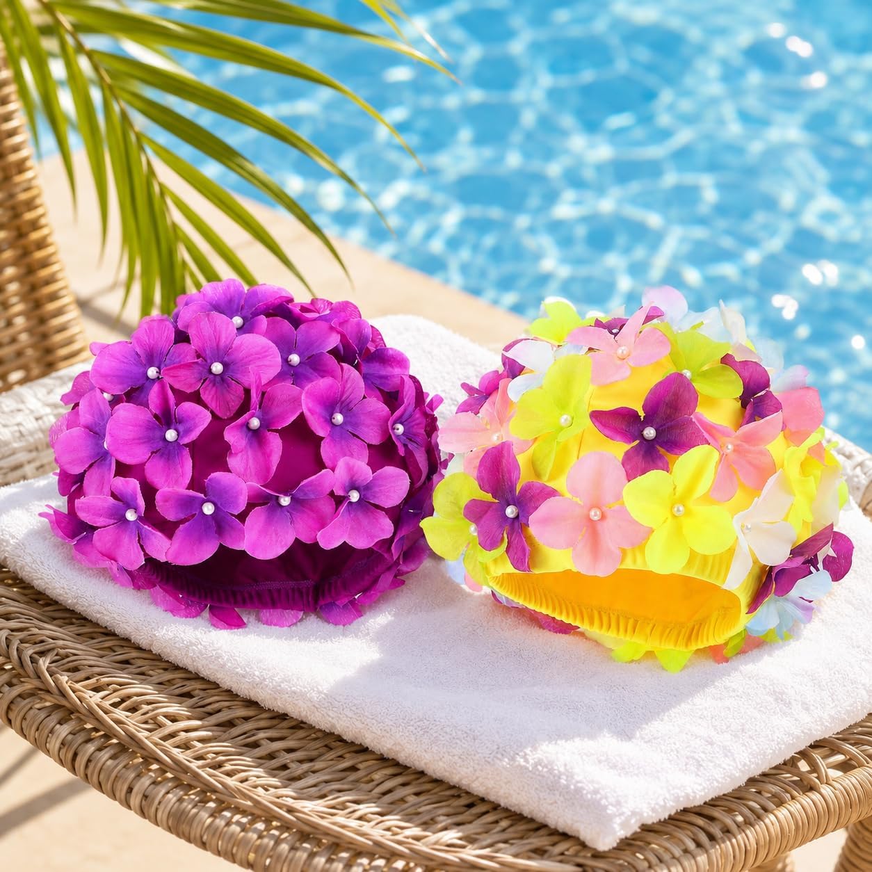 FAVOMOTO Badekappe Blumen: Badekappe Damen - 2pcs Badekappen für Schwimmer für Damen Handbuch Strass Floral Blütenblatt Retro Schwimmen Gap Badekappen Frauen Blumenblumenblatt Schwimmen