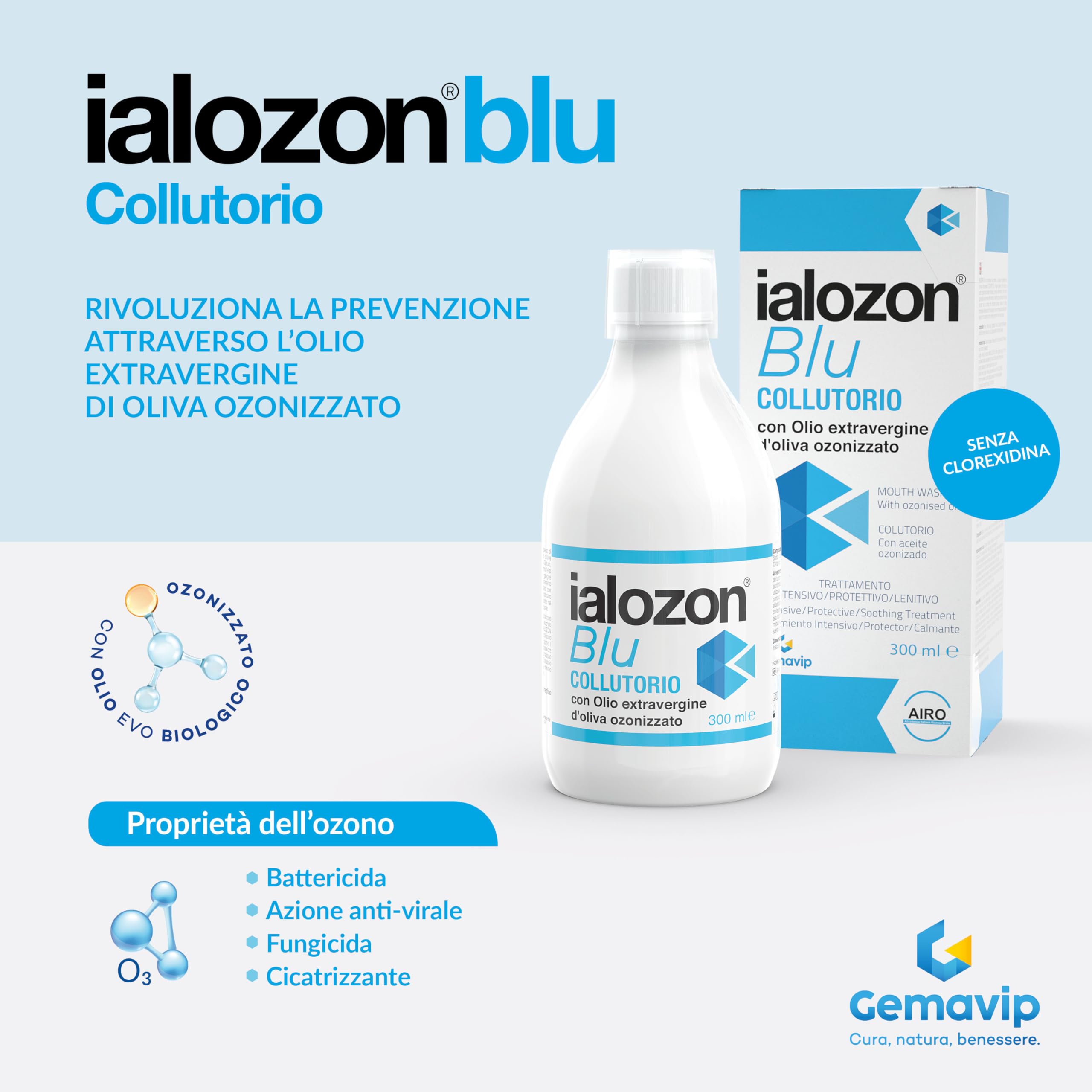 Ialozon Blu Collutorio con olio d’oliva ozonizzato, acido ialuronico, aloe vera, vitamina e bicarbonato di sodio, Rimuove la placca, Senza alcol (1)
