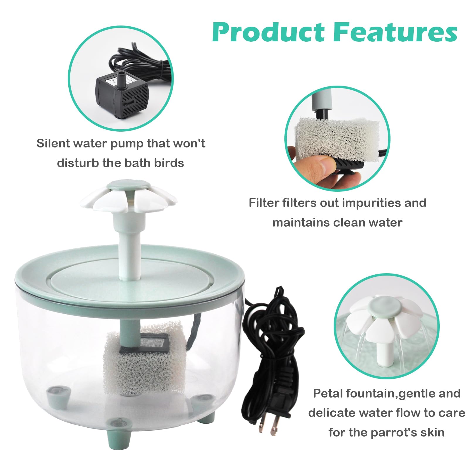 Automatic Bath for Birds,Parrot Bathtub with Petal Fountain Circulating Filter Cage Bird Bath Shower Cockatiel Bird Bath for Indoor Parakeets Budgie Cockatiels Small Feathered Pet - image 3