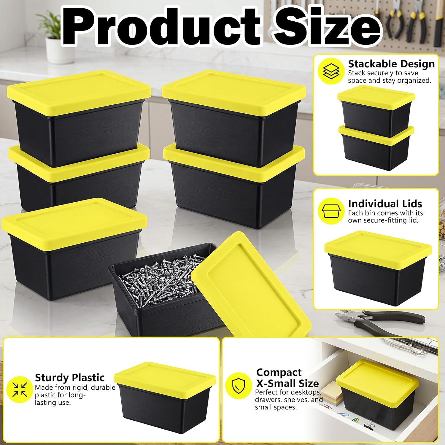 6 Pcs Mini Tote Box Stackable Storage Tote Bins with Lids, Black,Yellow