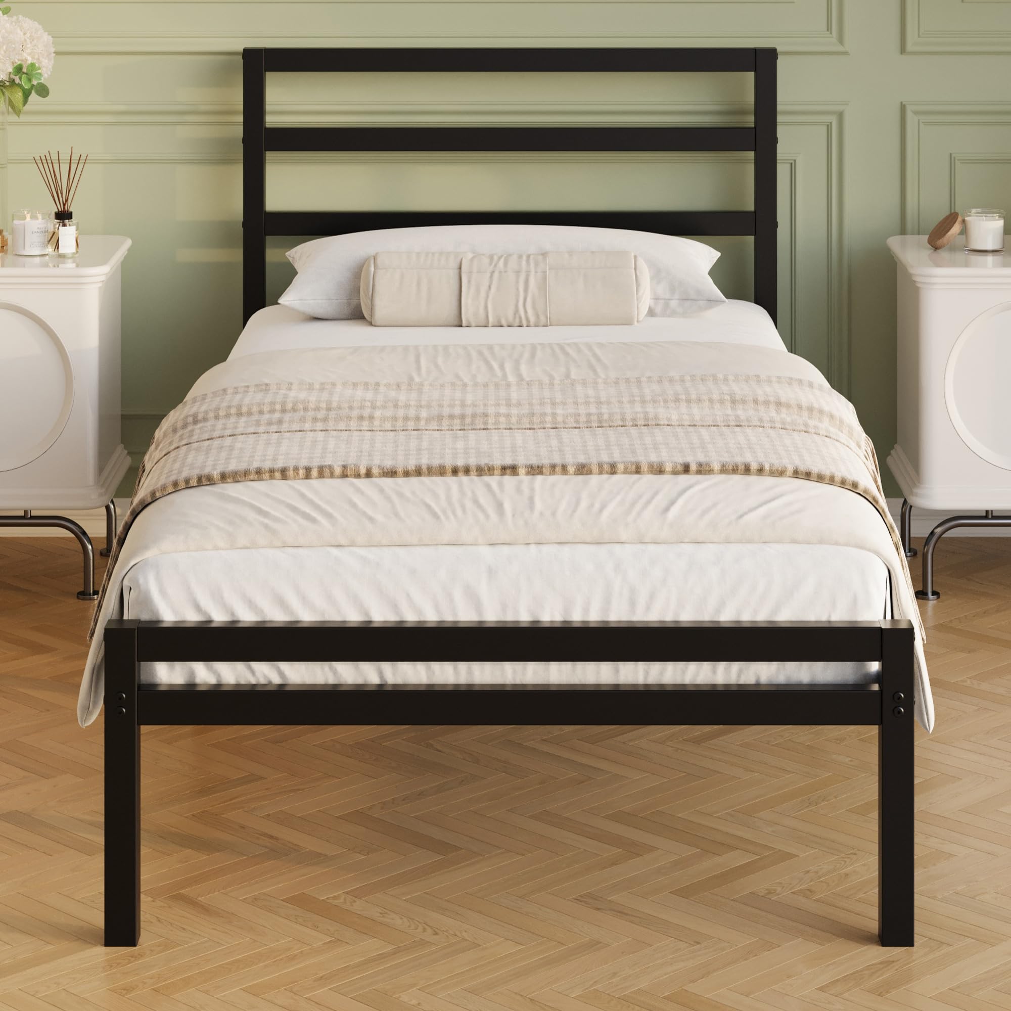 Lutown-Teen Metal Single Bed Frame with Headboard and Footboard, 30 cm High, Heavy Duty 3ft Single Bed Frame with Steel Slats, Storage Space Underbed, Noise Free, Easy Assembly, Black