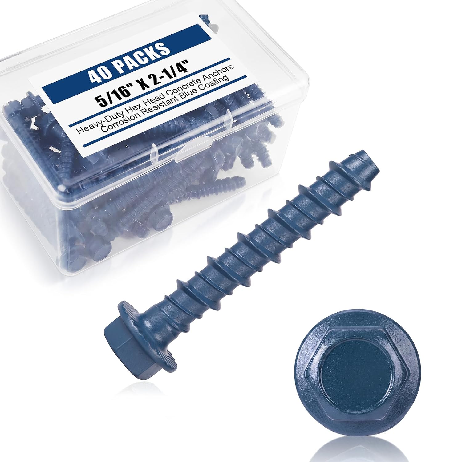 Therwen 40 Pack 5/16 x 2 Inch Concrete Screws Hex Washer Head, Blue