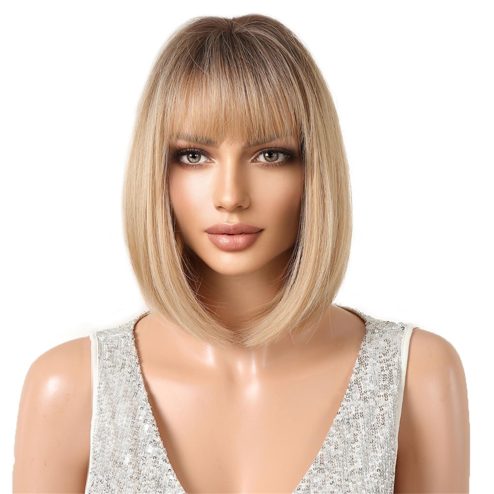 Aimole Short Bob Straight Wig with Flat Bangs Fashion Heat Resistant Synthetic Hair for Dalily Party Use (Blonde Mixed)