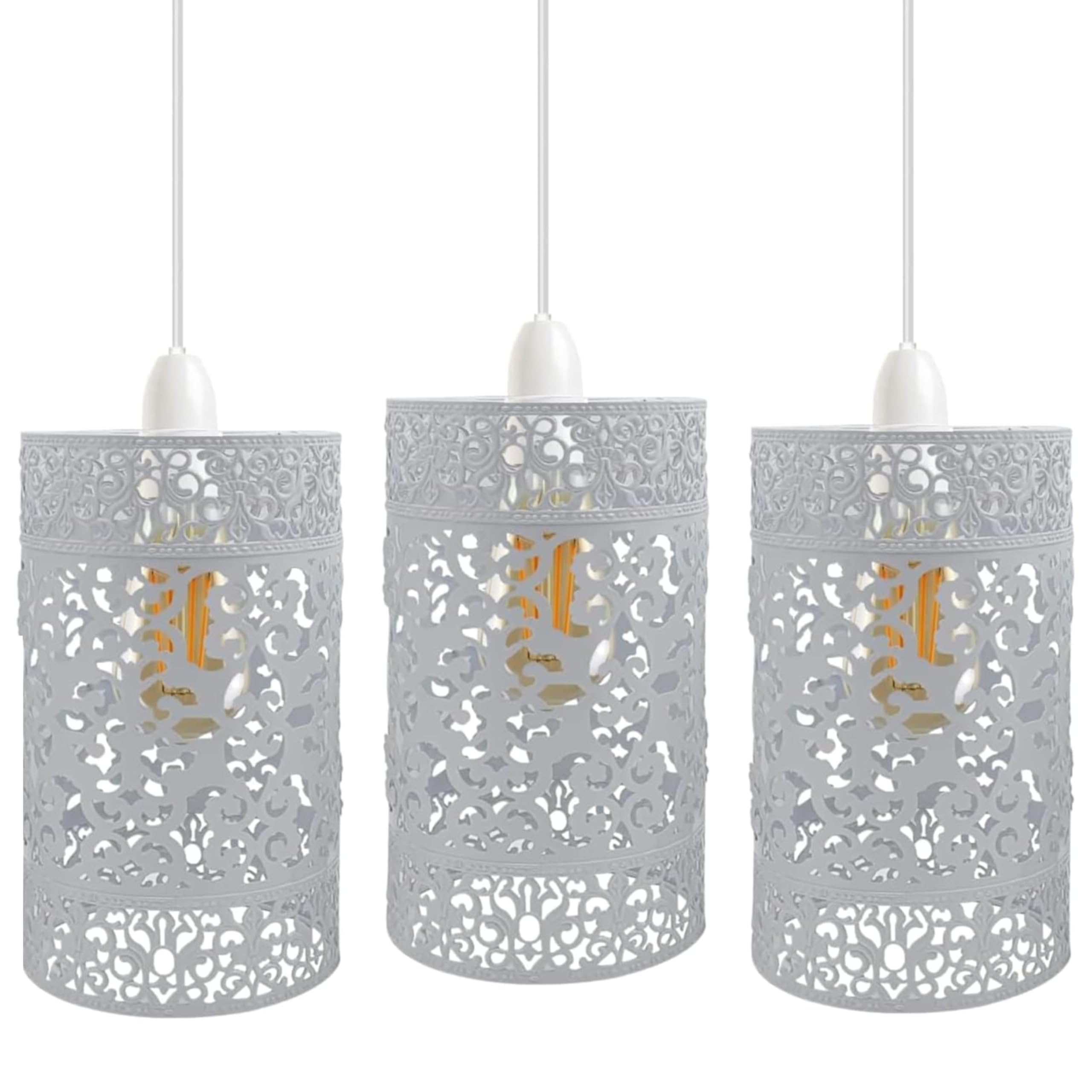 3 Pack Moroccan Designed White Metal Circular Pendant Light Shade with Floral Decor, 13.5cm Diameter, Drum Shaped Wire Cage Industrial Easy fit Ceiling Indoor Lampshade — image 1