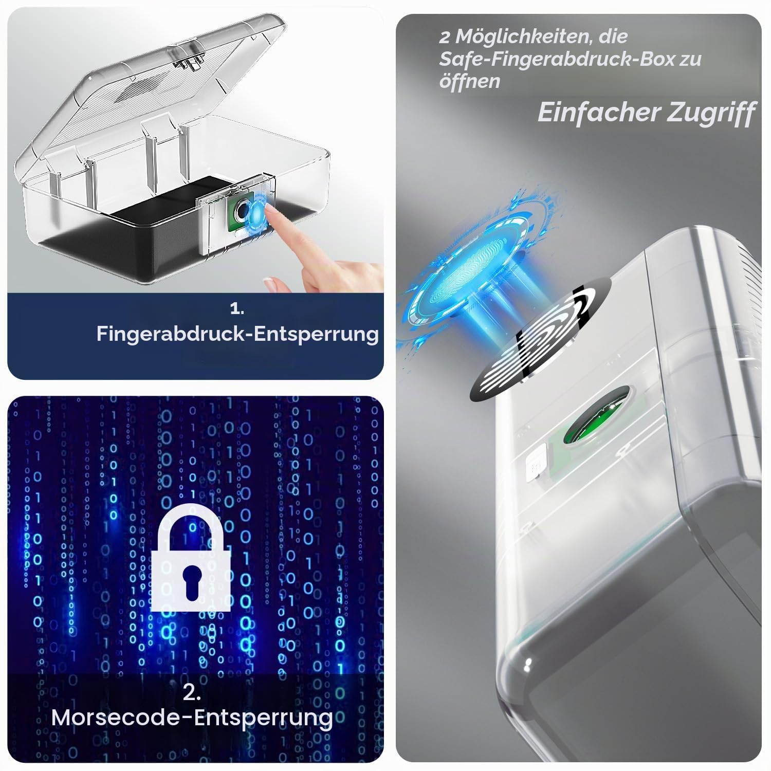 AICase Safe mit biometrischer Fingerabdruckerkennung für Reisen und Zuhause, Tragbare Sicherheitsbox mit Fingerabdruck und Morsecode, Geldkassette, Sicherheitssafe, Tresorfach, Klar