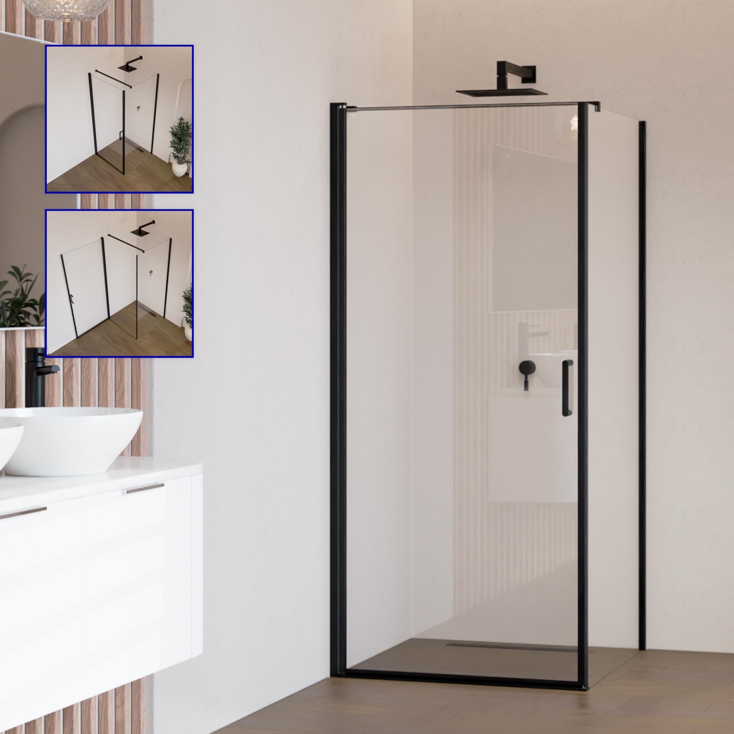 MOG Mampara de ducha DK559 80 x 80 cm Altura 190 cm con entrada de esquina - De vidrio de seguridad nano transparente de 6 mm ESG con perfiles de aluminio negro
